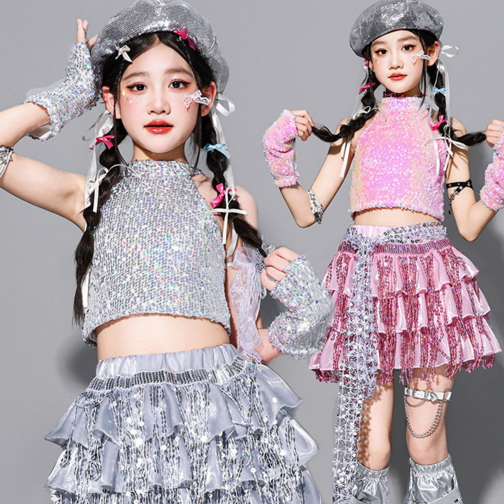 GIRLS ピンクシルバー スパンコールフリルセットアップ キッズダンス衣装