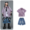 HIPHOP チェックシャツ デニムハーフパンツセットアップ キッズダンス衣装
