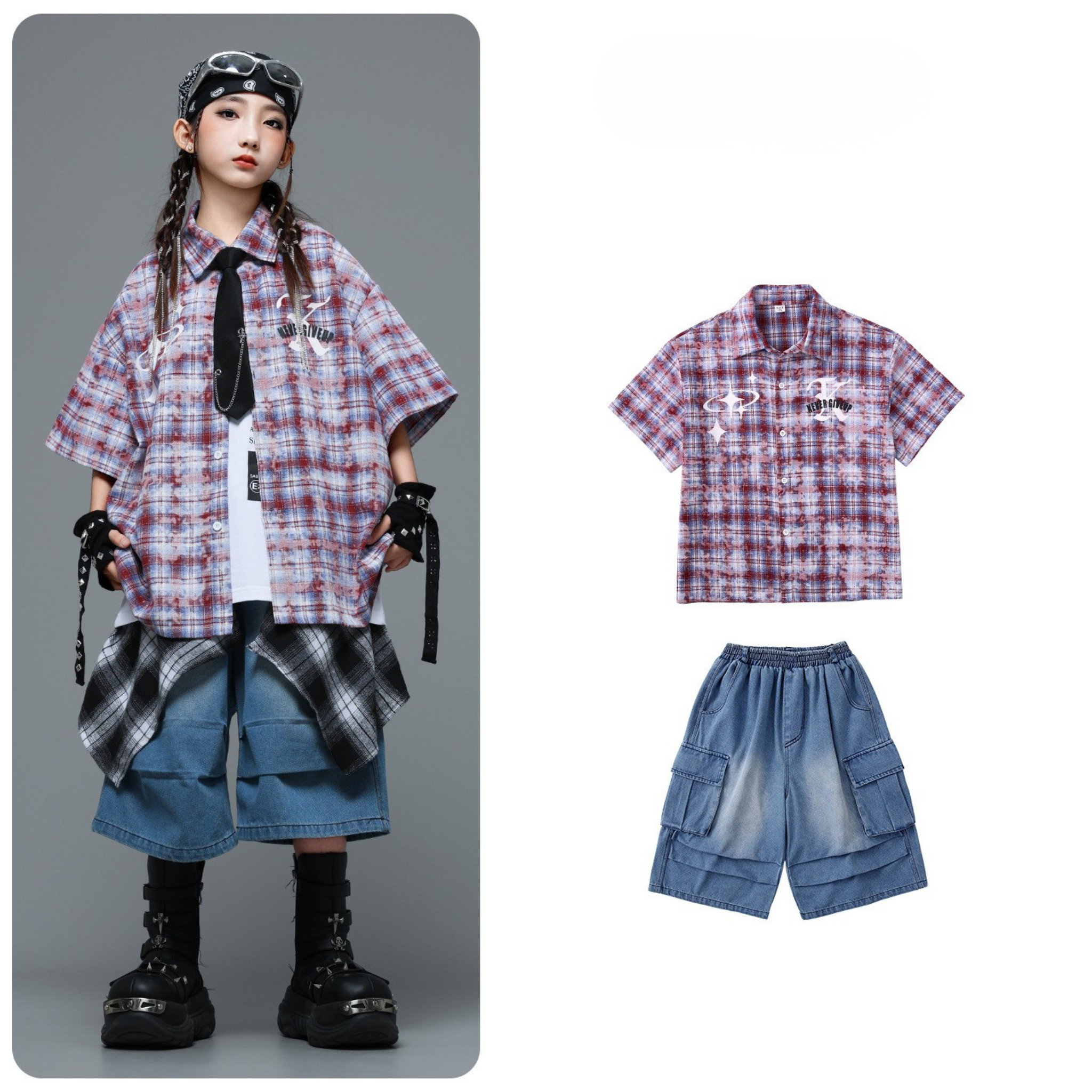 HIPHOP チェックシャツ デニムハーフパンツセットアップ キッズダンス衣装