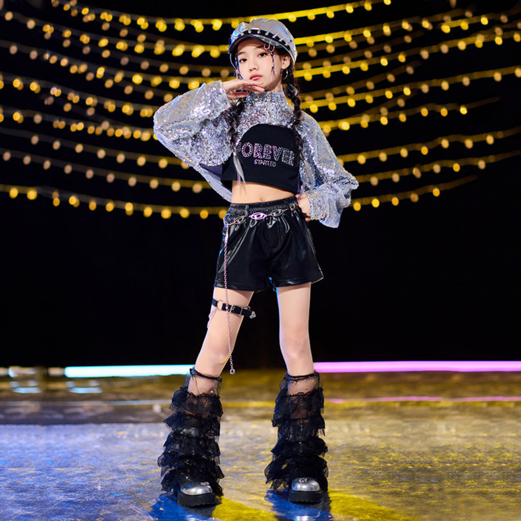 STREET シルバースパンコール ブラックセットアップ キッズダンス衣装