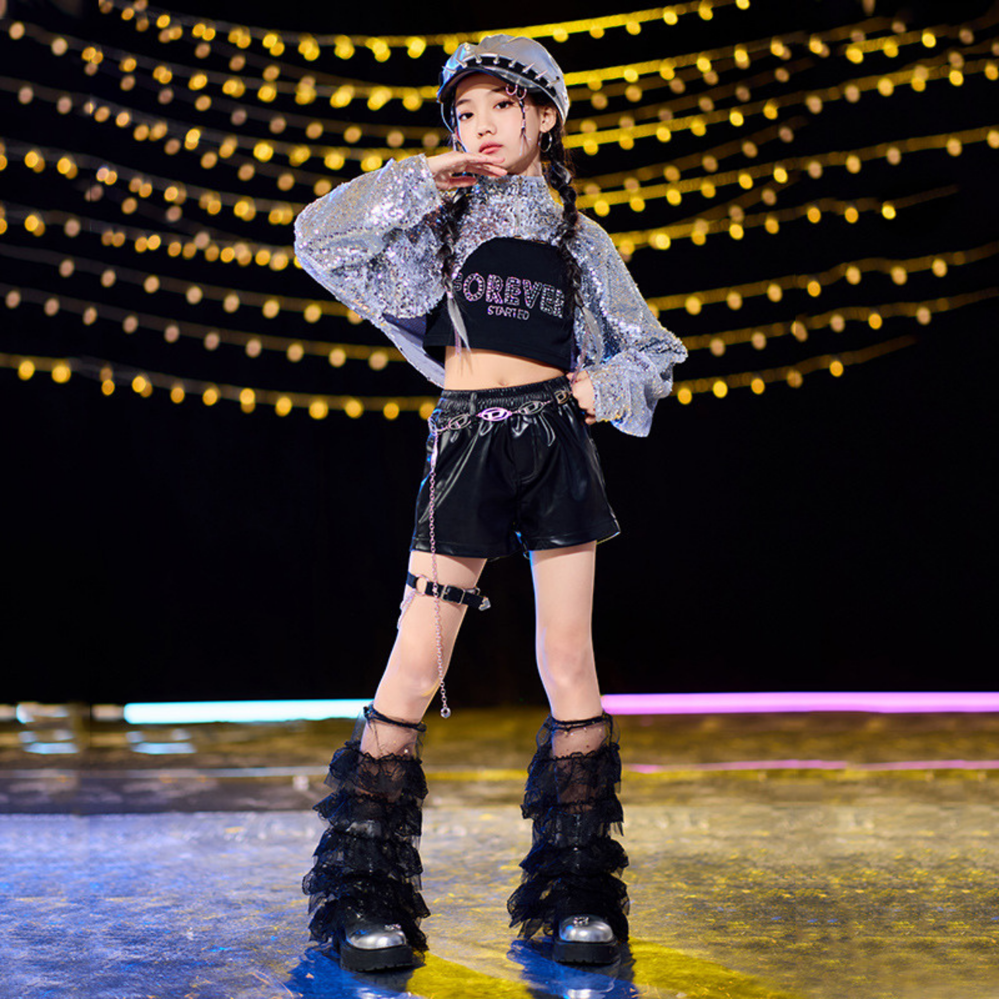STREET シルバースパンコール ブラックセットアップ キッズダンス衣装