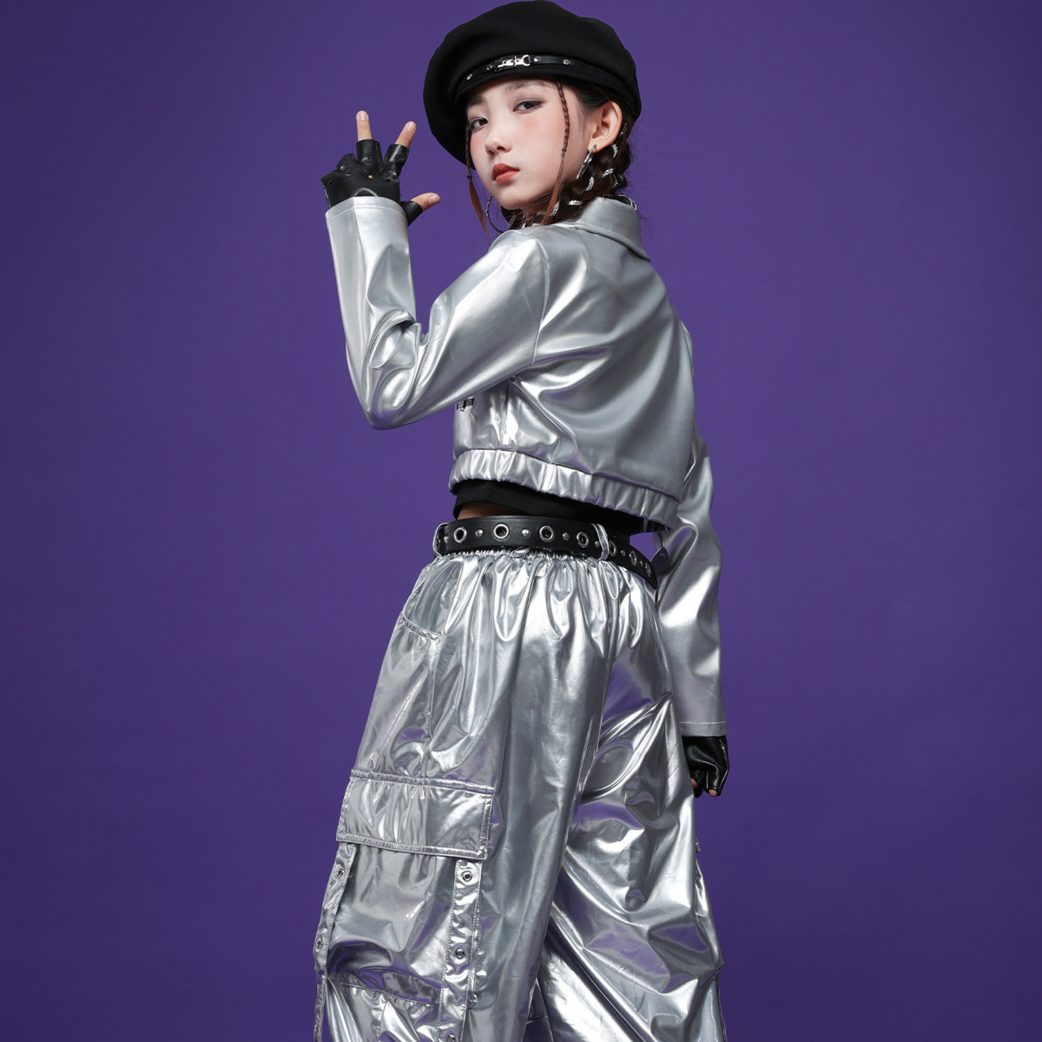 HIPHOP メタリックレザー カーゴセットアップ キッズダンス衣装