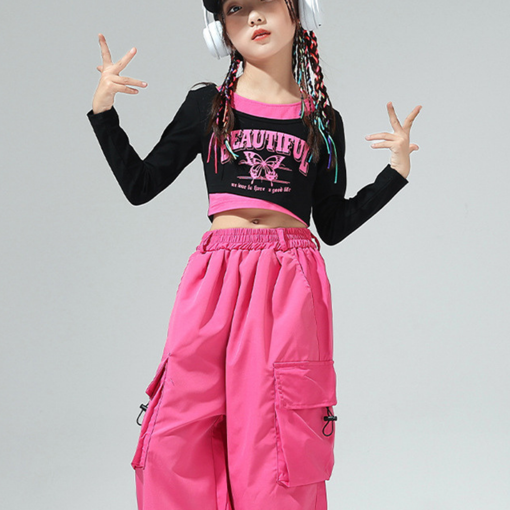 HIPHOP ビビッドカラー カーゴパンツセットアップ キッズダンス衣装