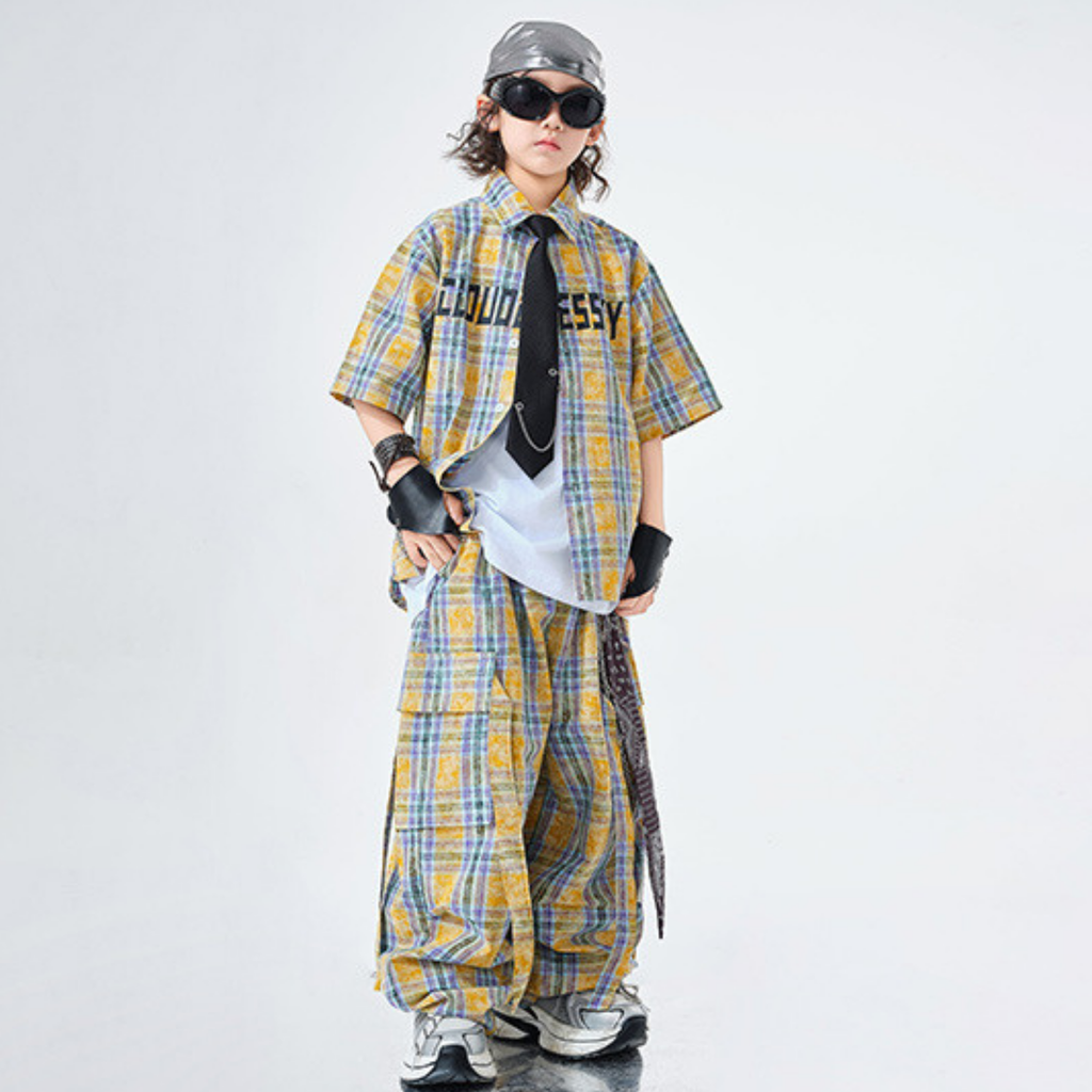 STREET イエローチェック ワイドパンツセットアップ キッズダンス衣装