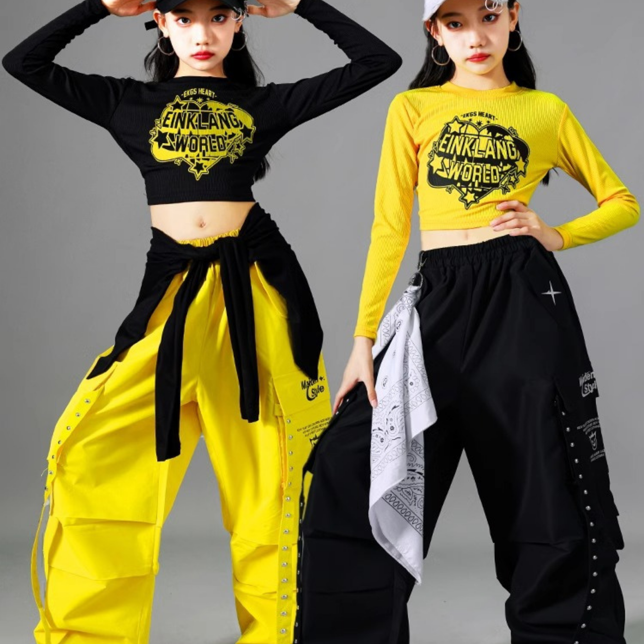 HIPHOP ブラックイエロー ワイドパンツセットアップ キッズダンス衣装