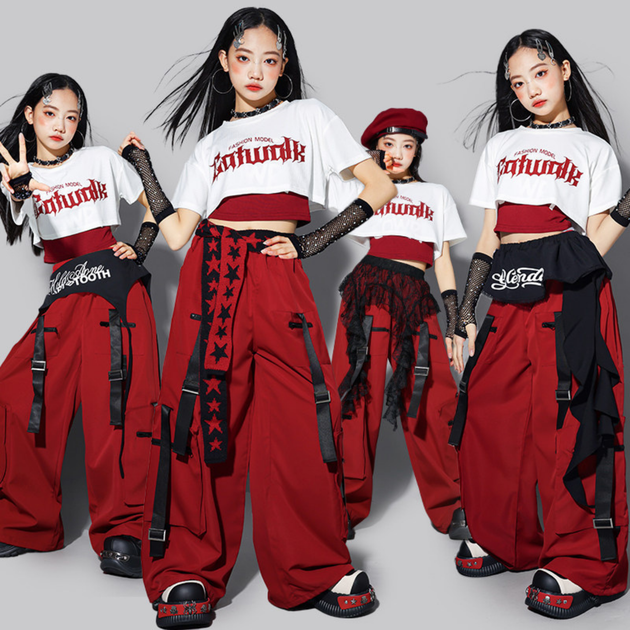 HIPHOP レッドストラップ カーゴパンツセットアップ キッズダンス衣装