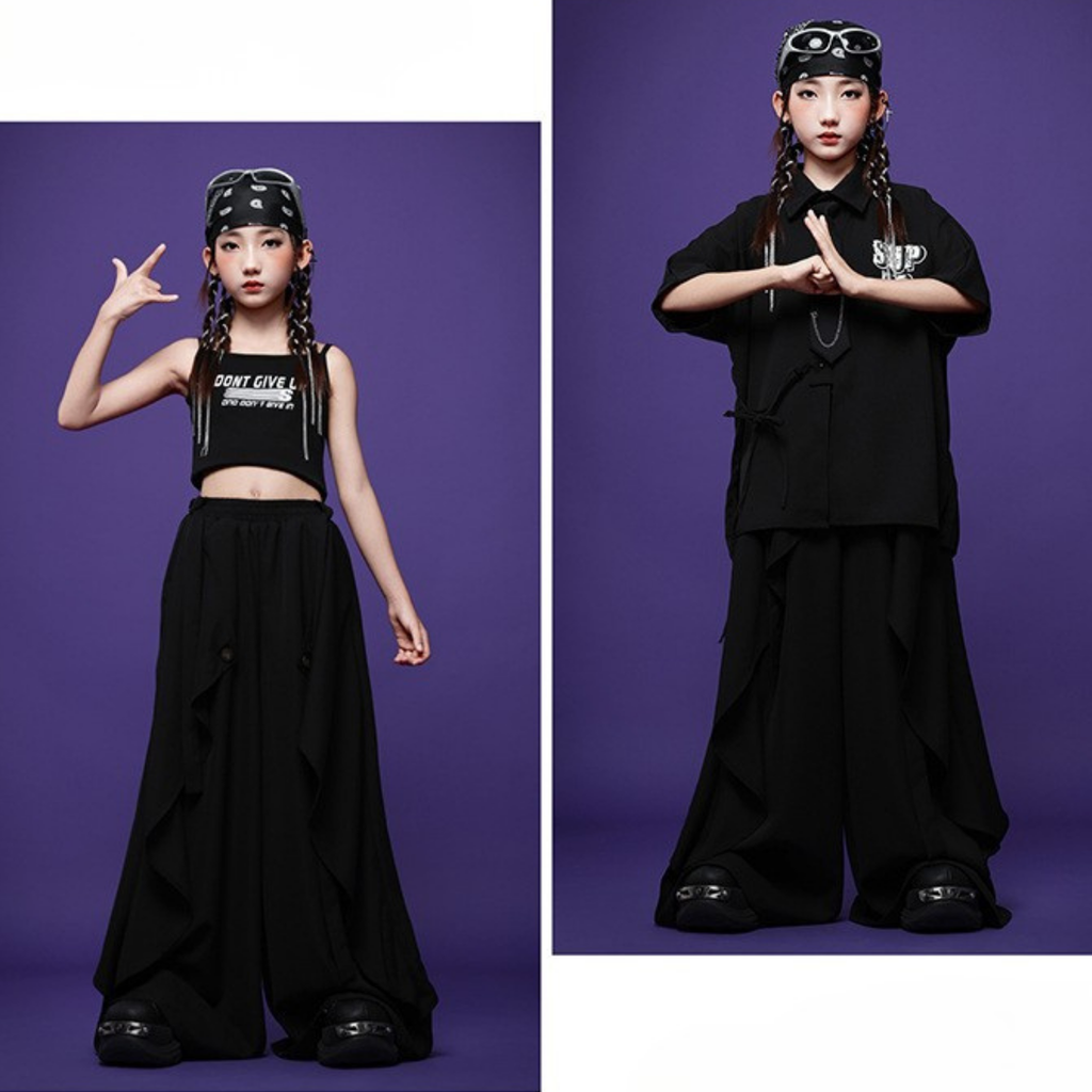 HIPHOP ブラックチャイナボタン ワイドパンツセットアップ キッズダンス衣装