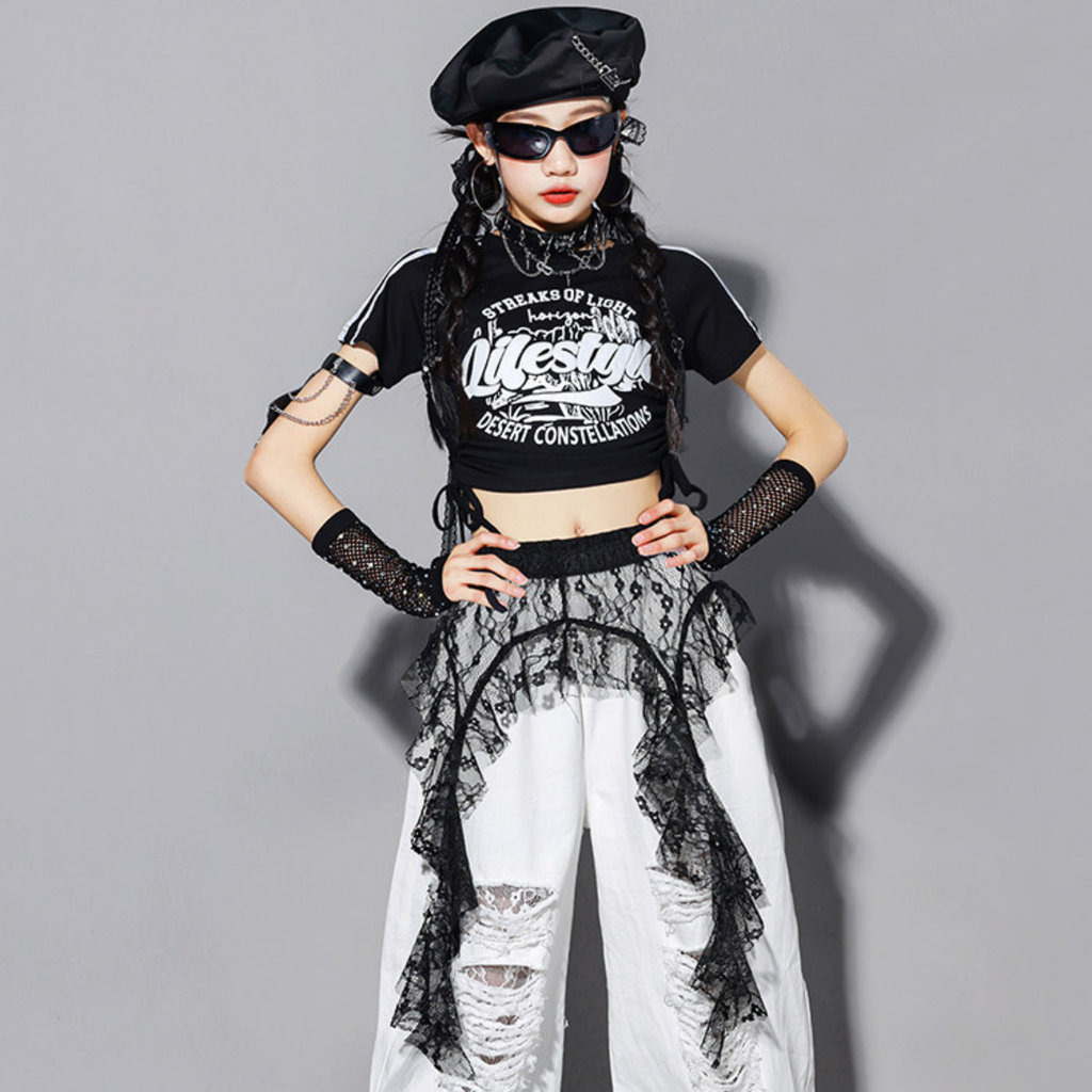 HIPHOP ブラックロゴ ホワイトワイドパンツセットアップ キッズダンス衣装