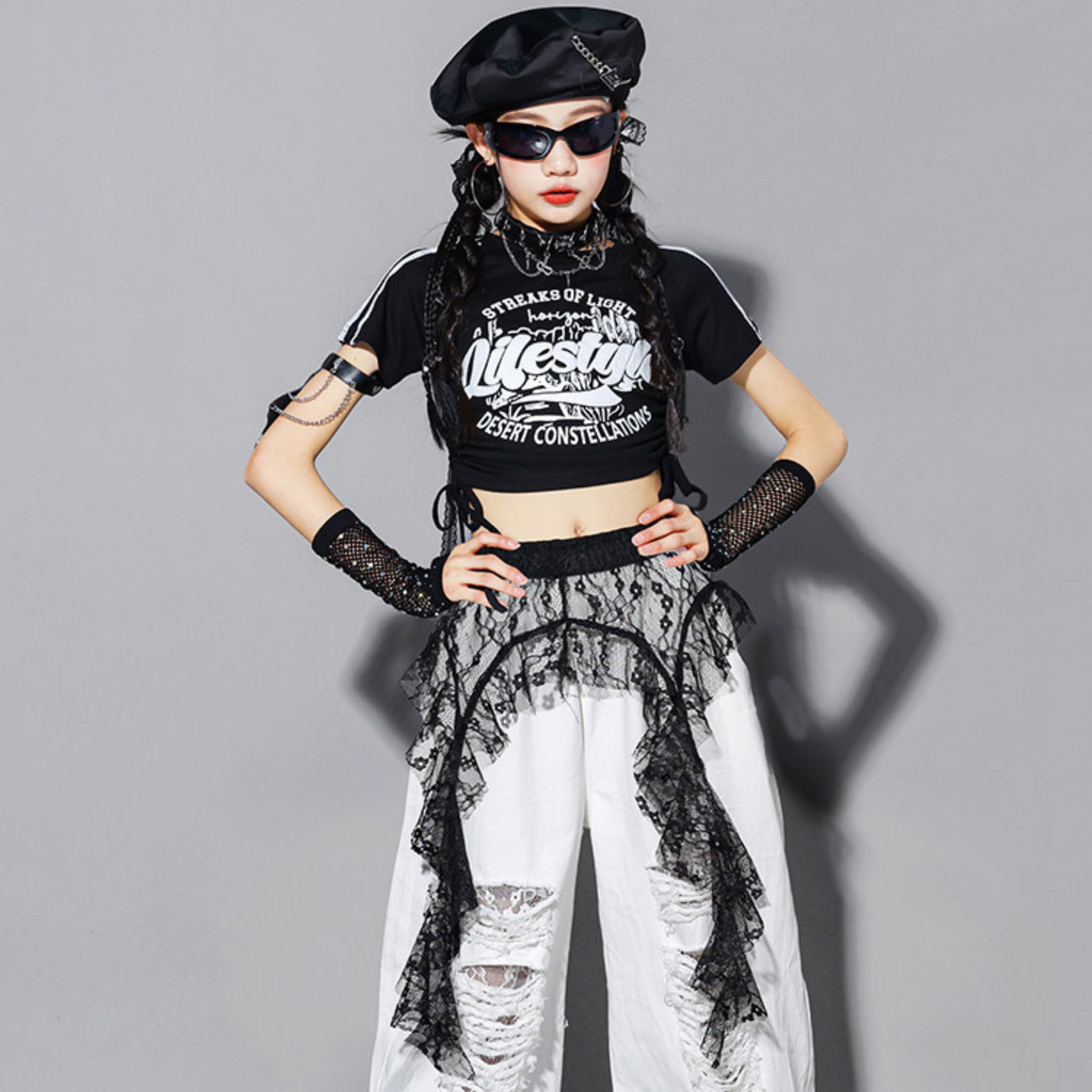 HIPHOP ブラックロゴ ホワイトワイドパンツセットアップ キッズダンス衣装