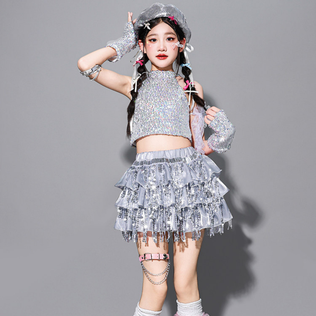 GIRLS ピンクシルバー スパンコールフリルセットアップ キッズダンス衣装