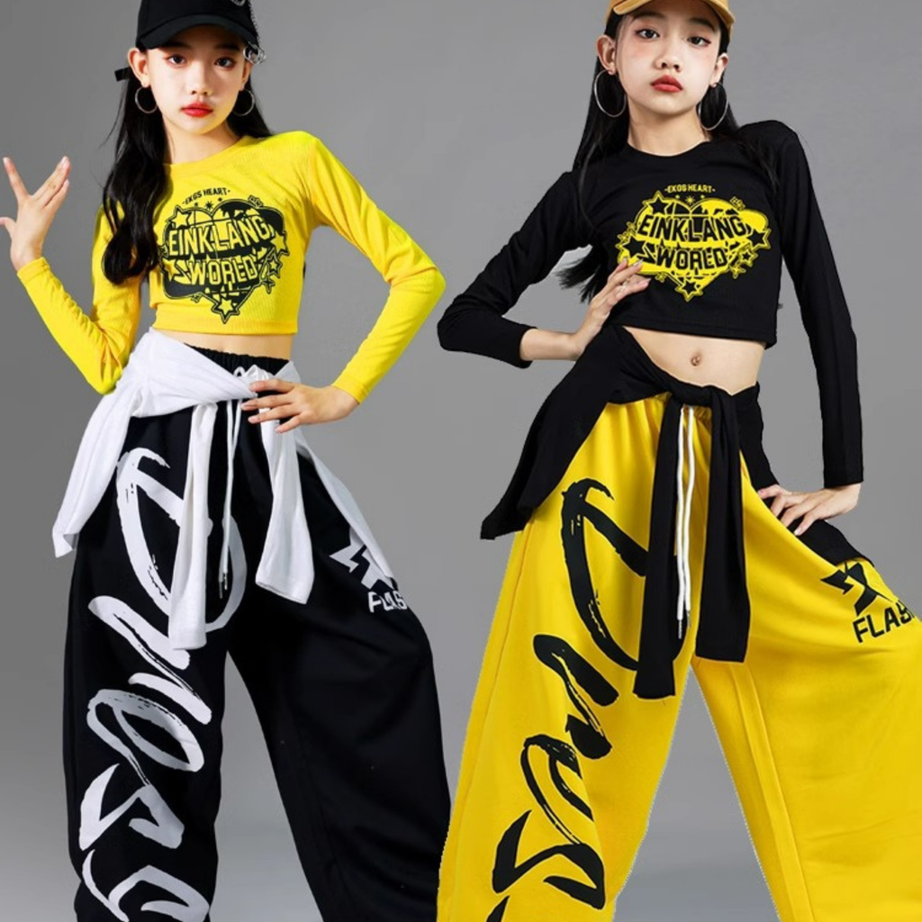 HIPHOP ブラックイエロー ワイドパンツセットアップ キッズダンス衣装