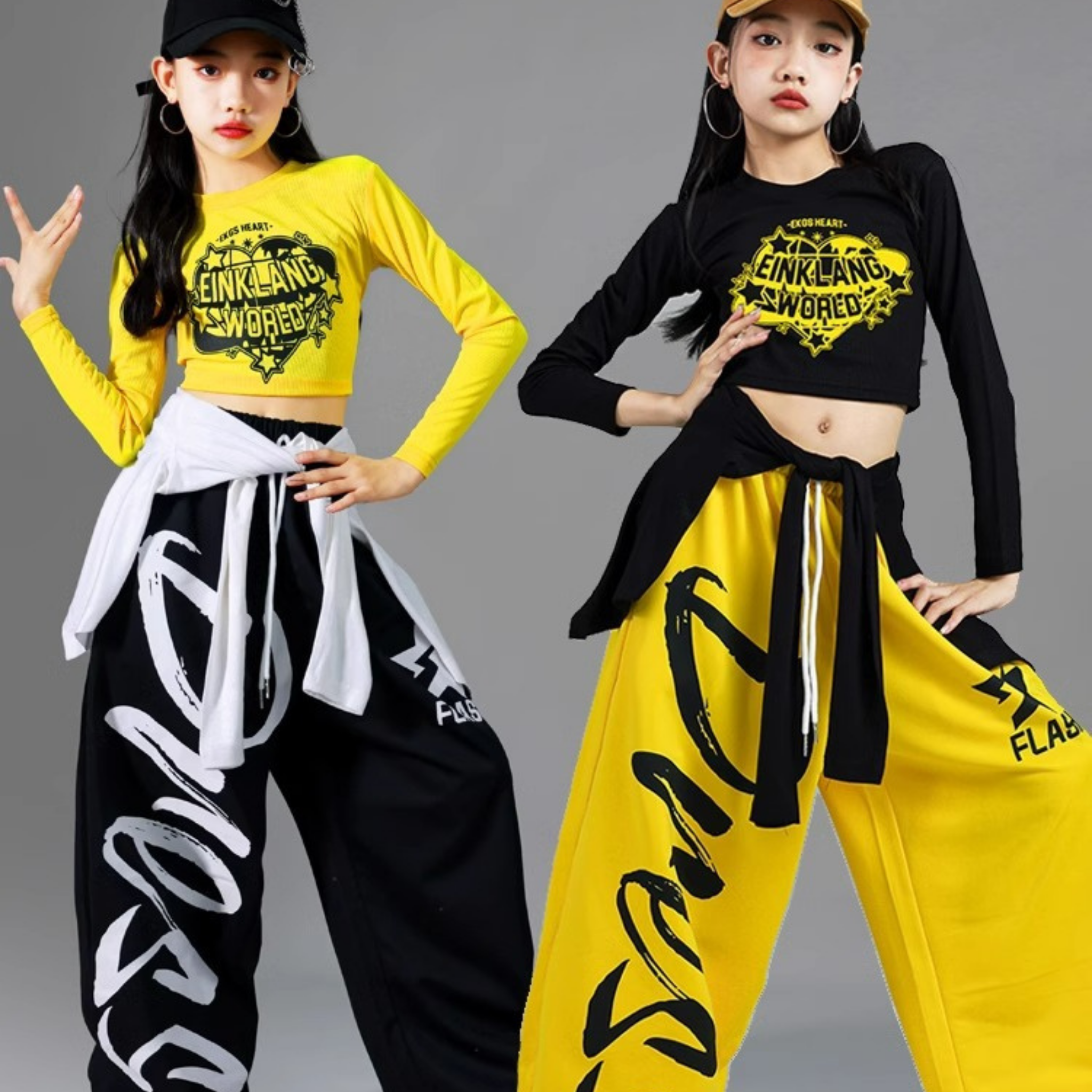 HIPHOP ブラックイエロー ワイドパンツセットアップ キッズダンス衣装