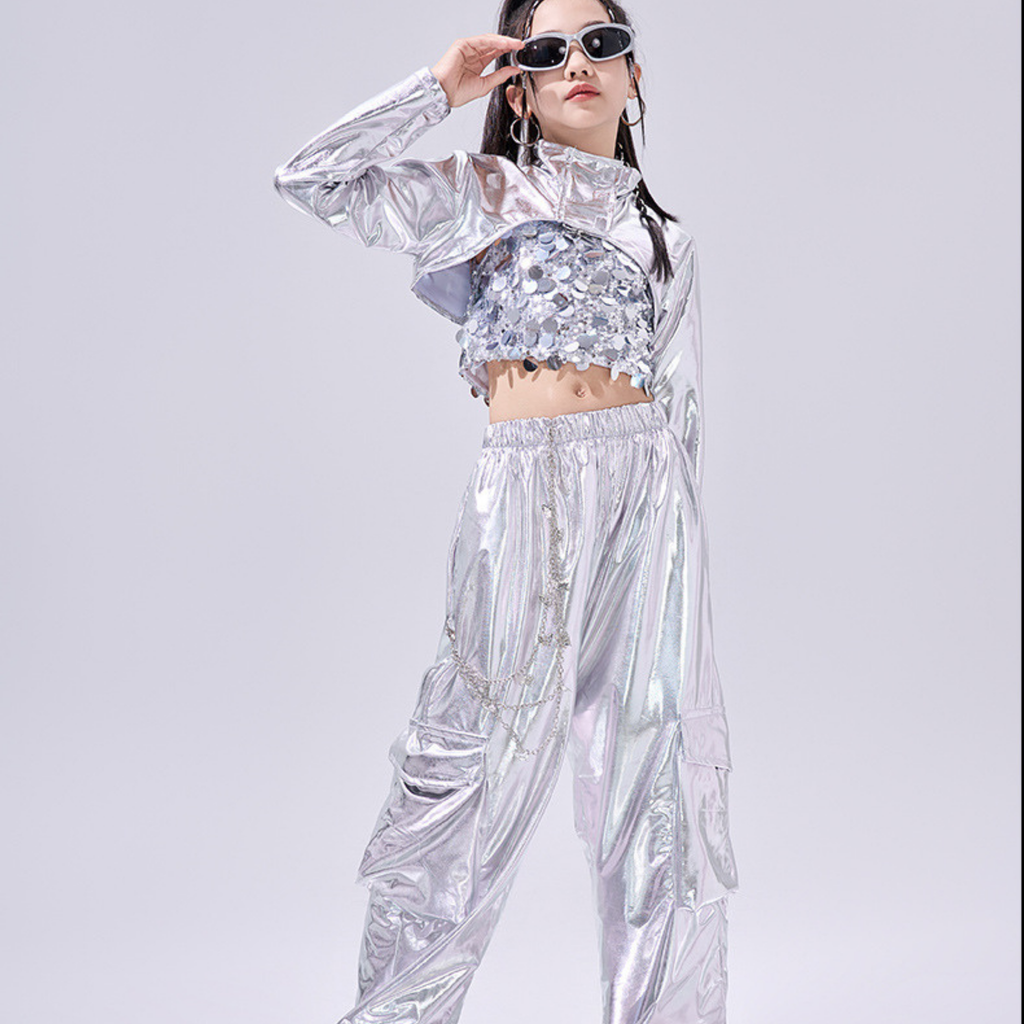 K-POP メタリックシルバー スパンコールセットアップ キッズダンス衣装