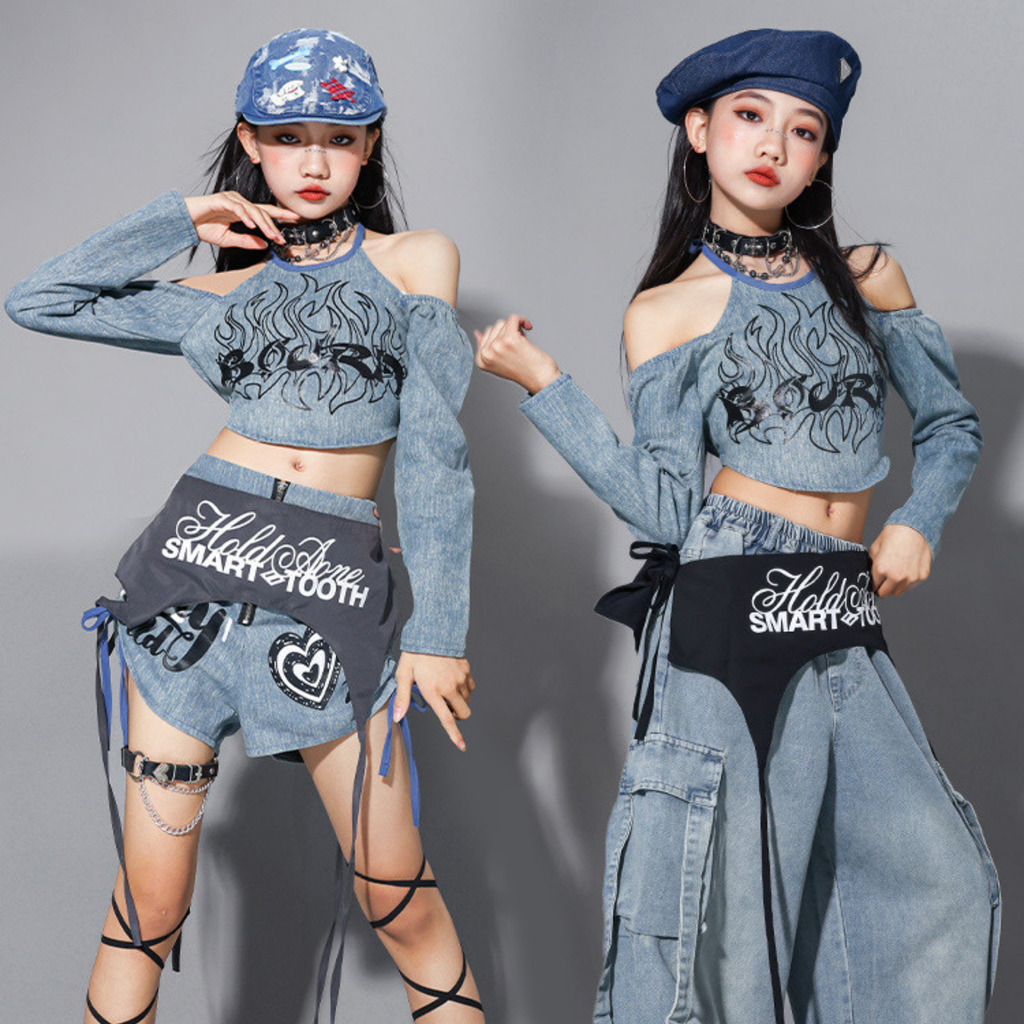 HIPHOP デニムグラフィック セットアップ キッズダンス衣装