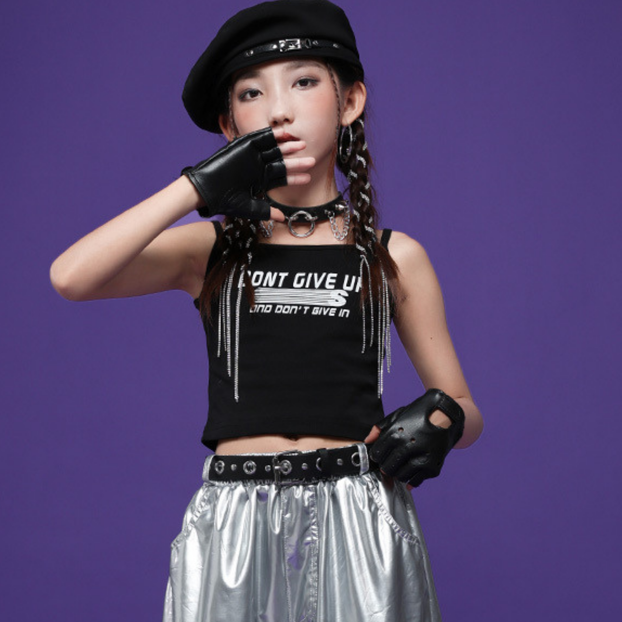 HIPHOP メタリックレザー カーゴセットアップ キッズダンス衣装