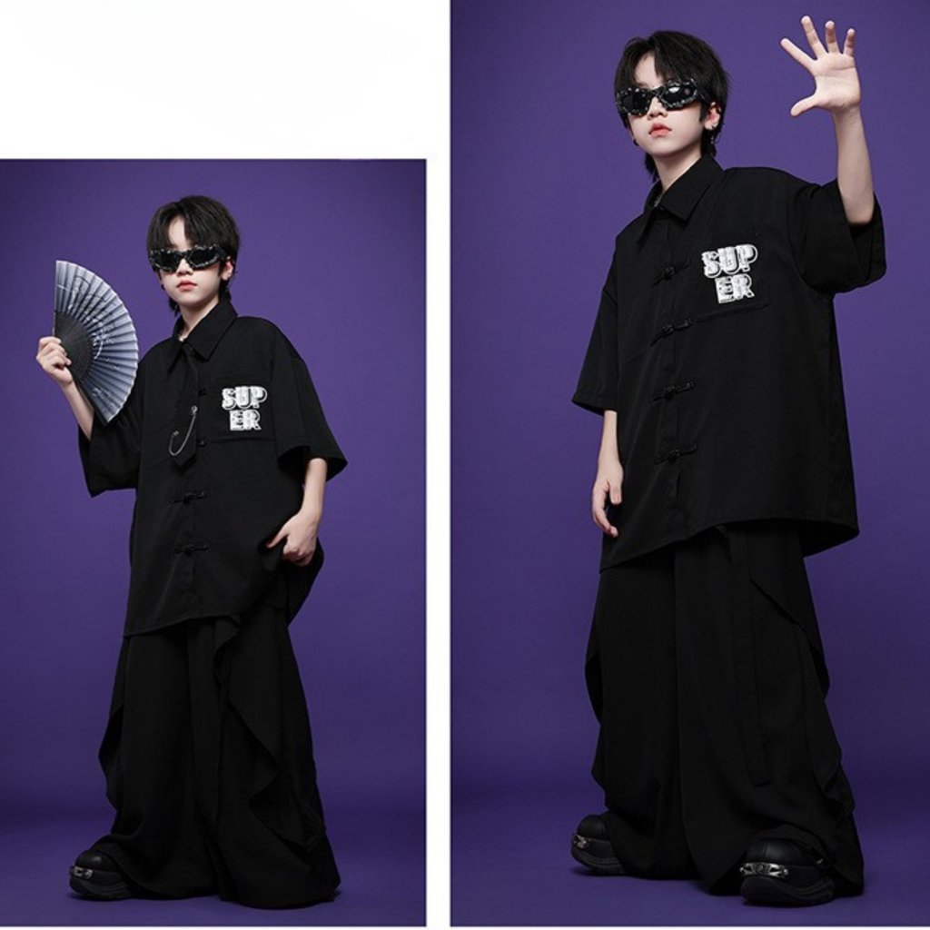 HIPHOP ブラックチャイナボタン ワイドパンツセットアップ キッズダンス衣装