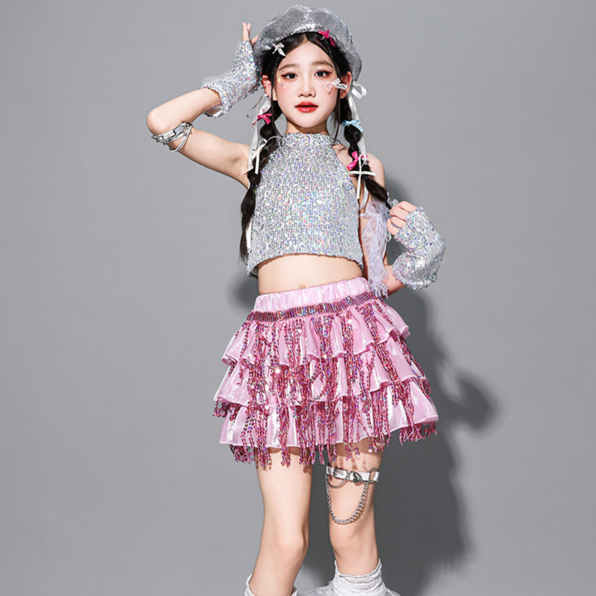 GIRLS ピンクシルバー スパンコールフリルセットアップ キッズダンス衣装