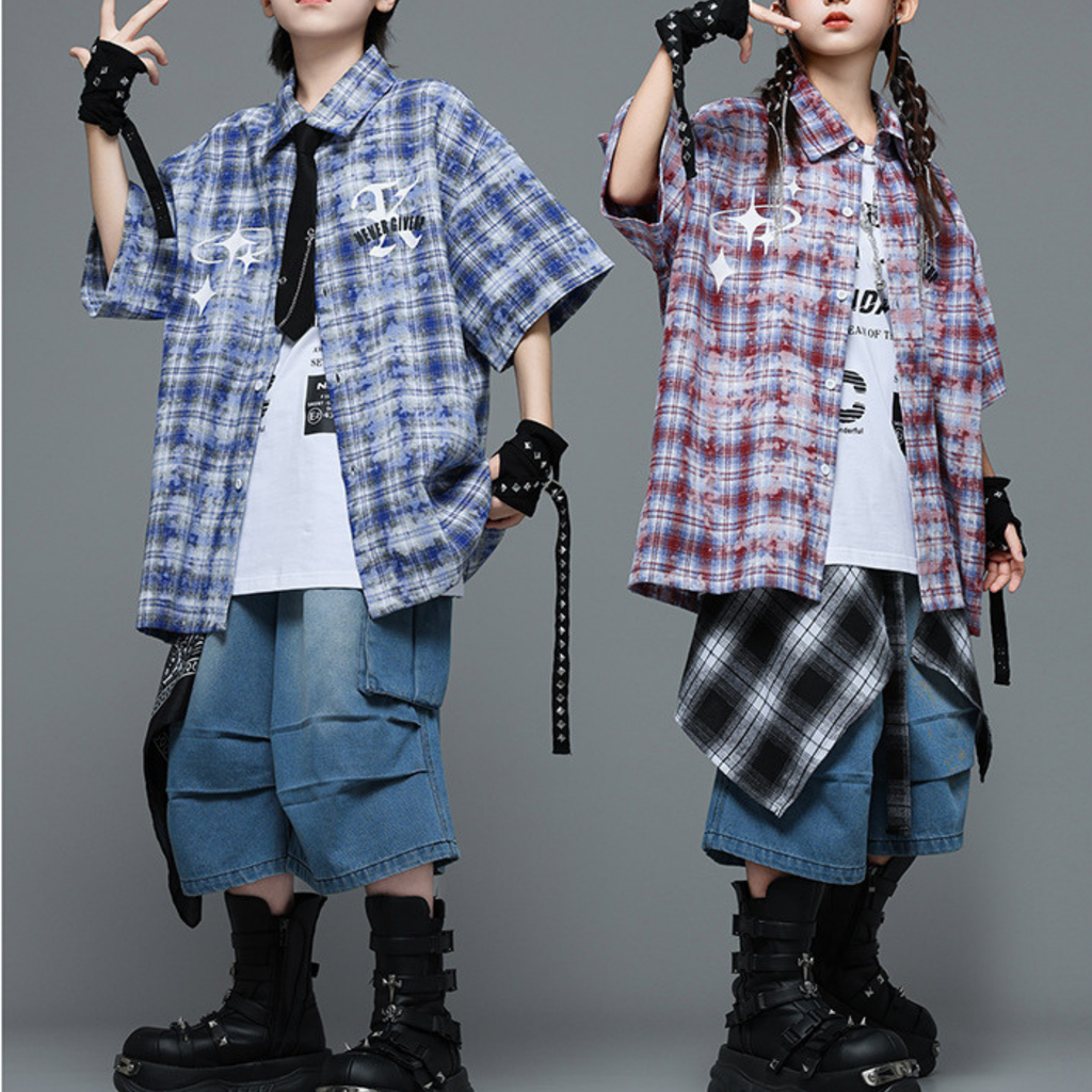 HIPHOP チェックシャツ デニムハーフパンツセットアップ キッズダンス衣装