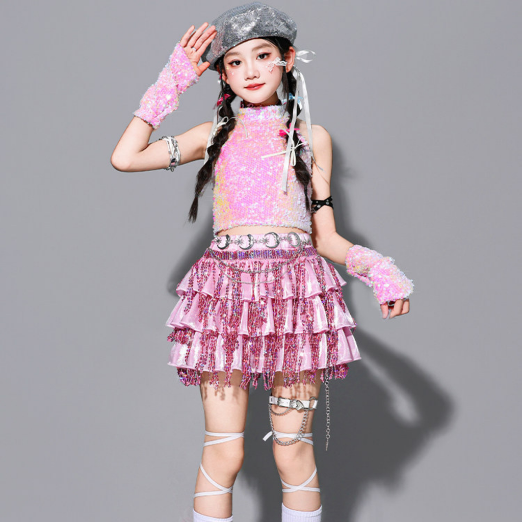 GIRLS ピンクシルバー スパンコールフリルセットアップ キッズダンス衣装