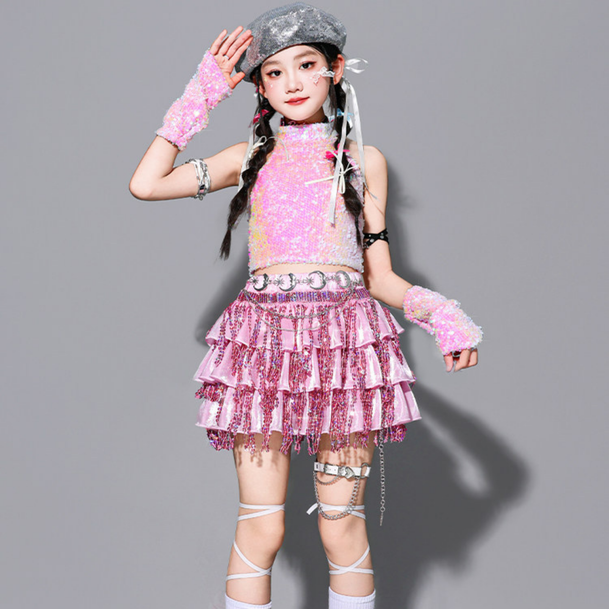 GIRLS ピンクシルバー スパンコールフリルセットアップ キッズダンス衣装