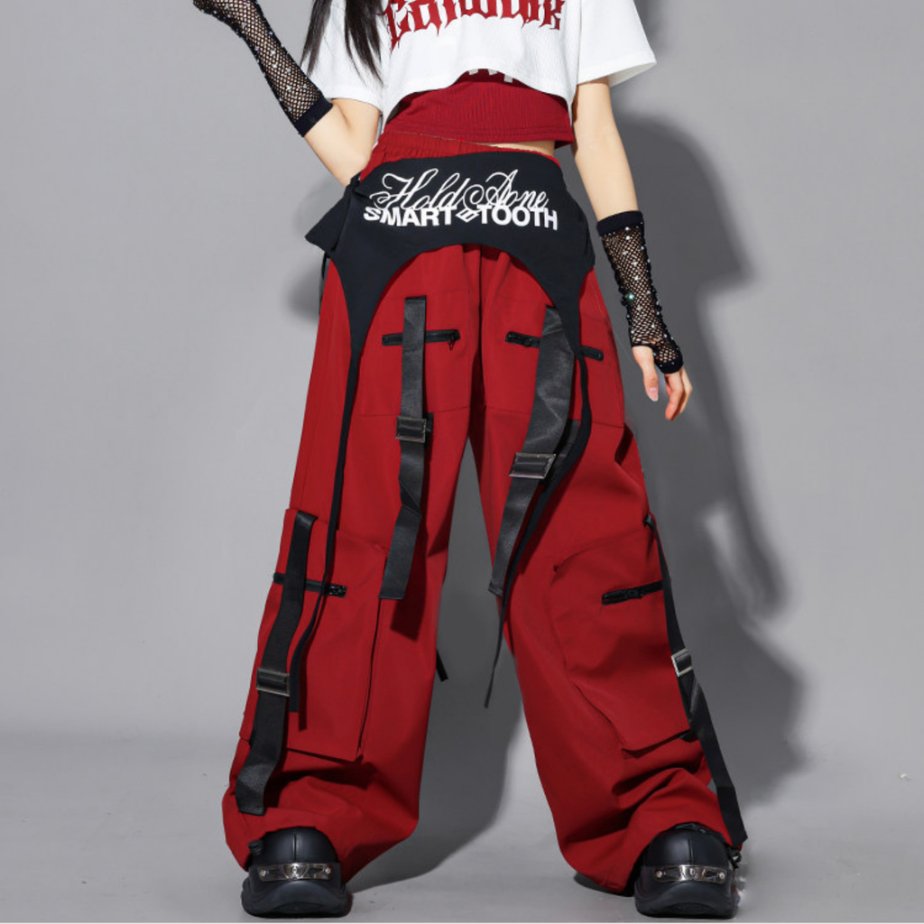HIPHOP レッドストラップ カーゴパンツセットアップ キッズダンス衣装