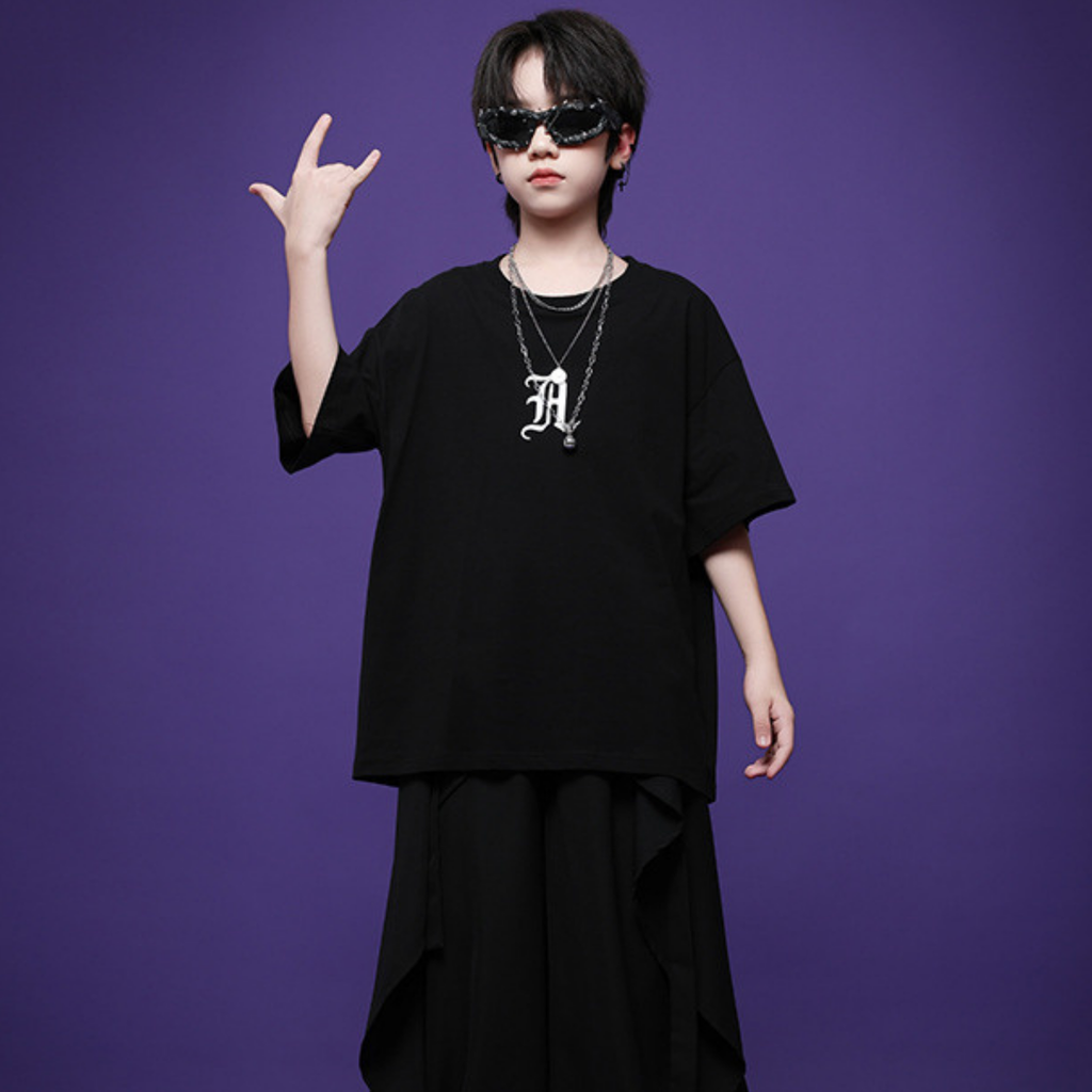 HIPHOP ブラックチャイナボタン ワイドパンツセットアップ キッズダンス衣装