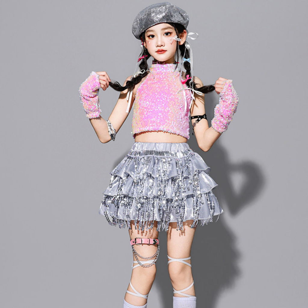 GIRLS ピンクシルバー スパンコールフリルセットアップ キッズダンス衣装