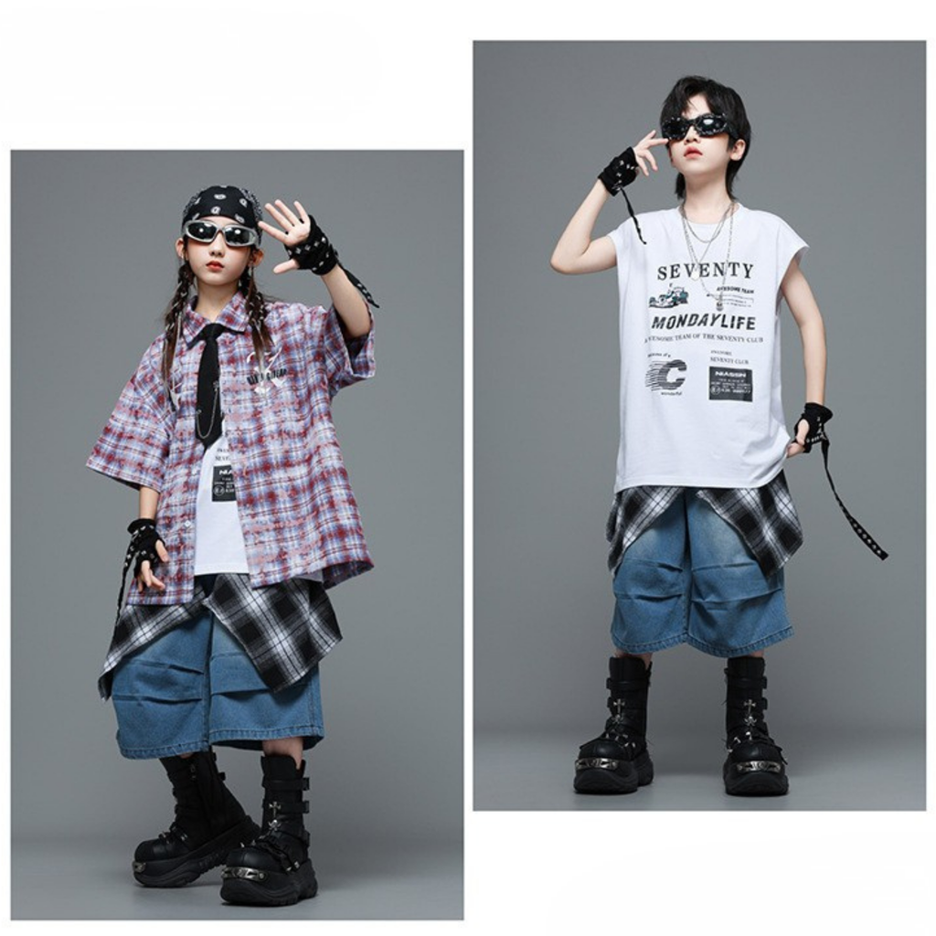 HIPHOP チェックシャツ デニムハーフパンツセットアップ キッズダンス衣装