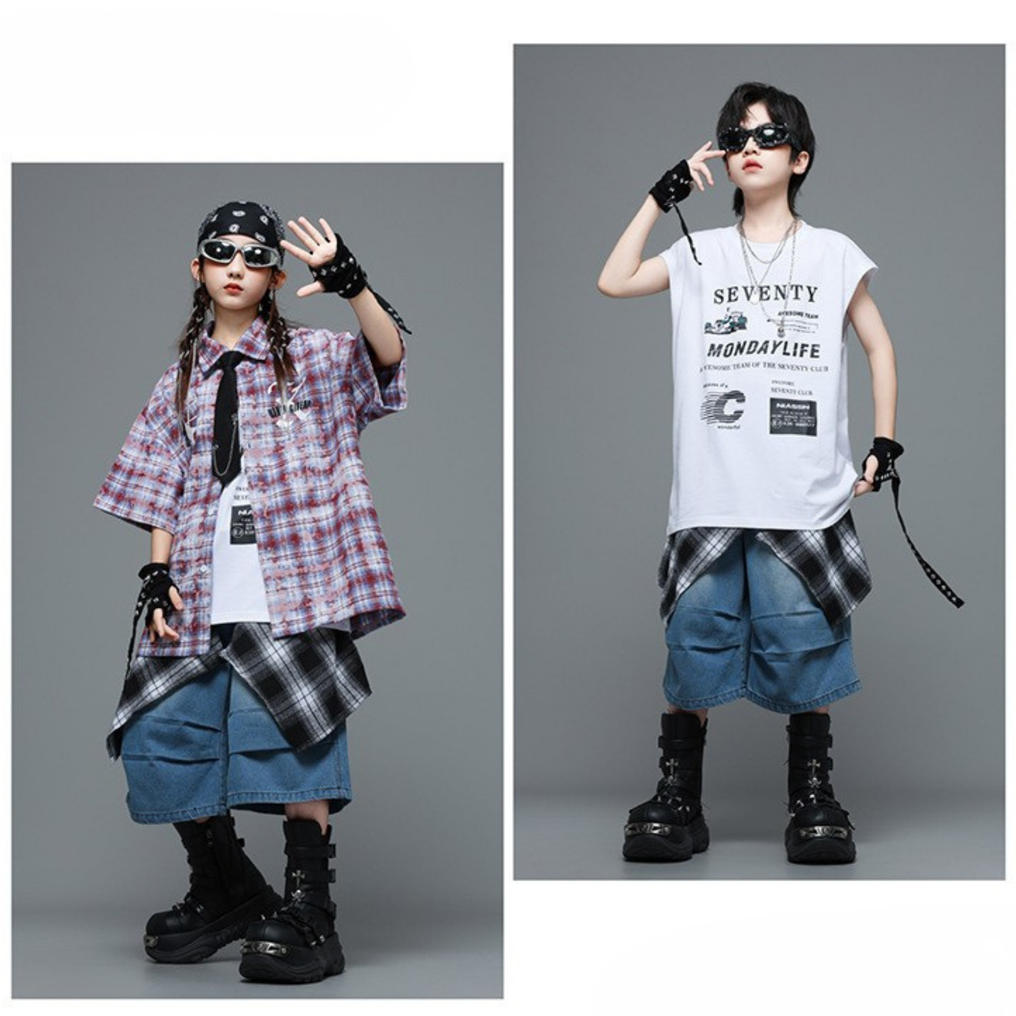 HIPHOP チェックシャツ デニムハーフパンツセットアップ キッズダンス衣装