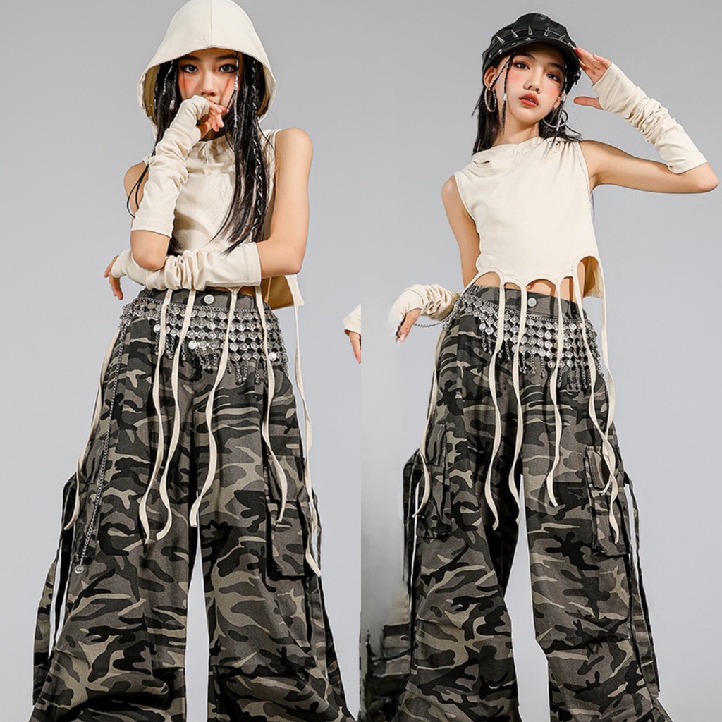 STREET アイボリーフード カモフラージュカーゴセットアップ キッズダンス衣装