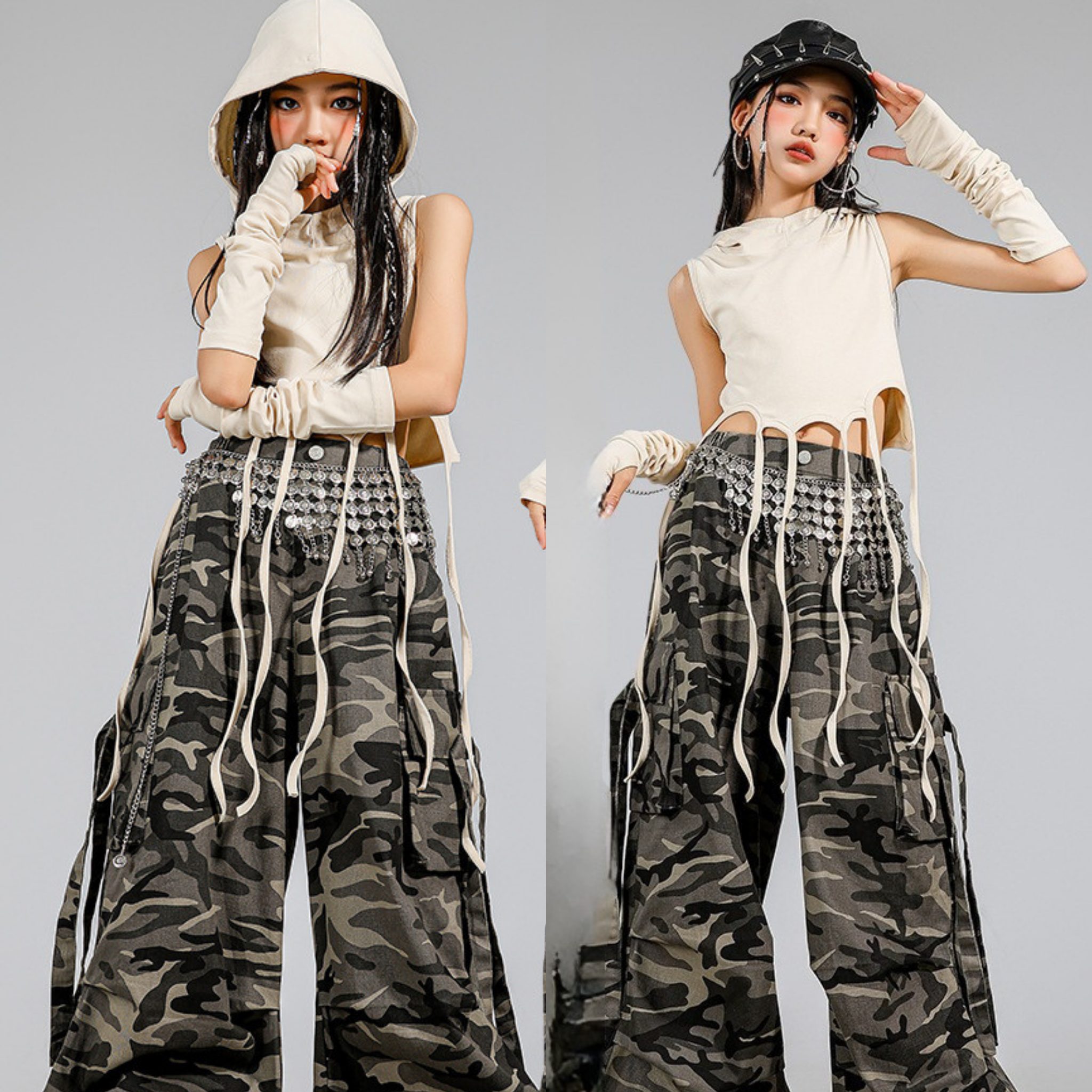 STREET アイボリーフード カモフラージュカーゴセットアップ キッズダンス衣装