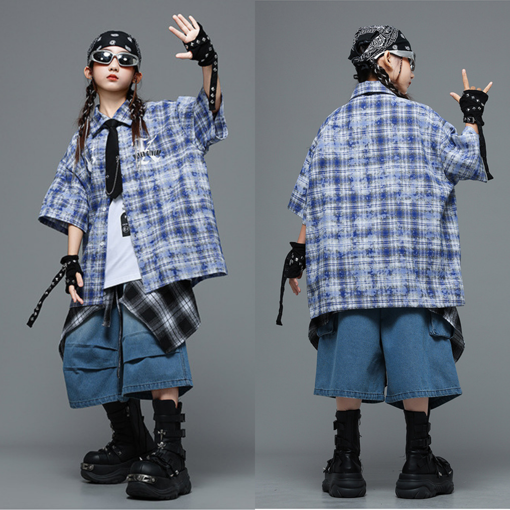 HIPHOP チェックシャツ デニムハーフパンツセットアップ キッズダンス衣装