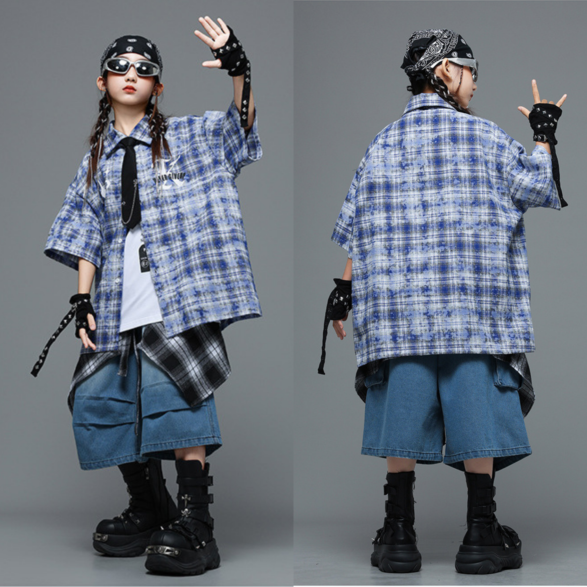 HIPHOP チェックシャツ デニムハーフパンツセットアップ キッズダンス衣装