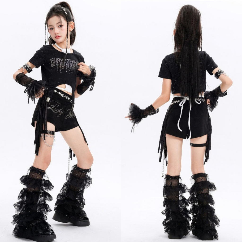 GIRLS ブラックラインストーン フリンジショートパンツセットアップ キッズダンス衣装 商品画像3