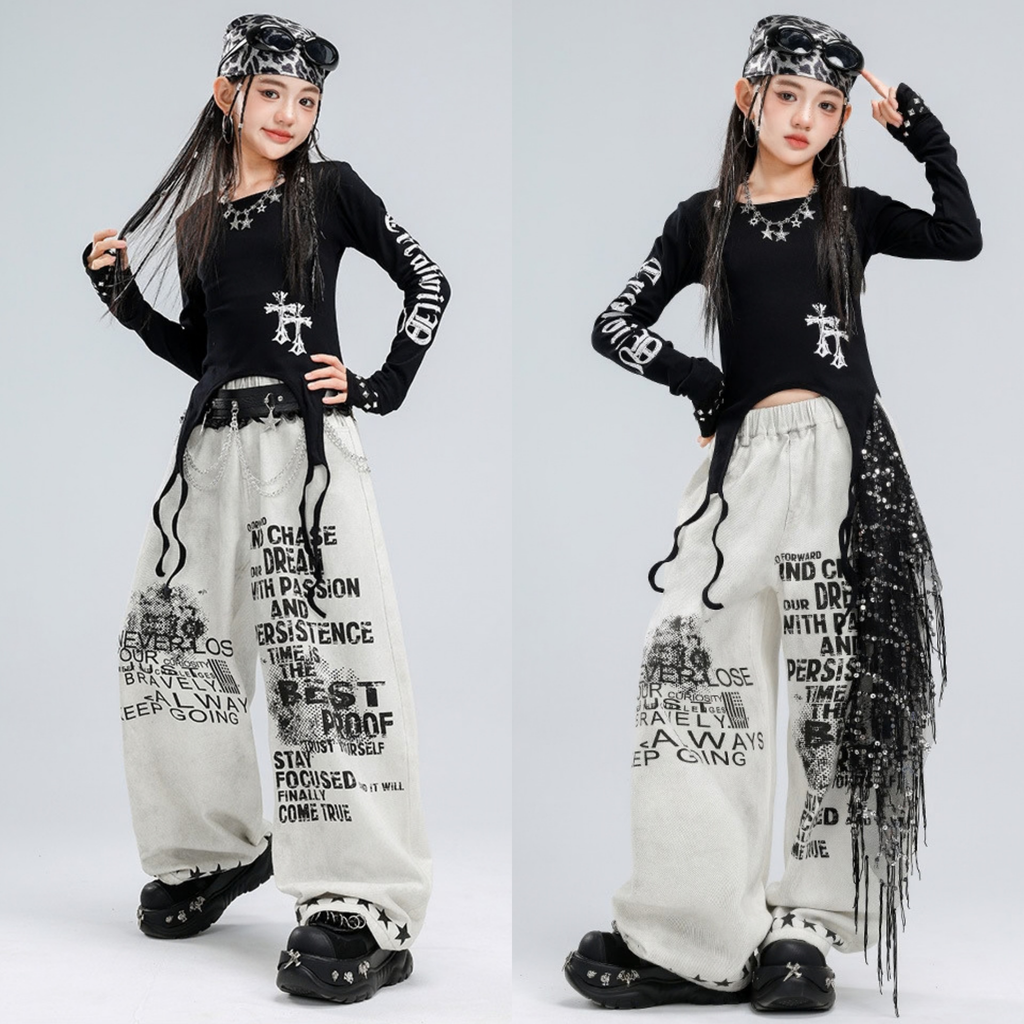 HIPHOP ブラッククロス ホワイトグラフィックワイドパンツセットアップ キッズダンス衣装 商品画像2