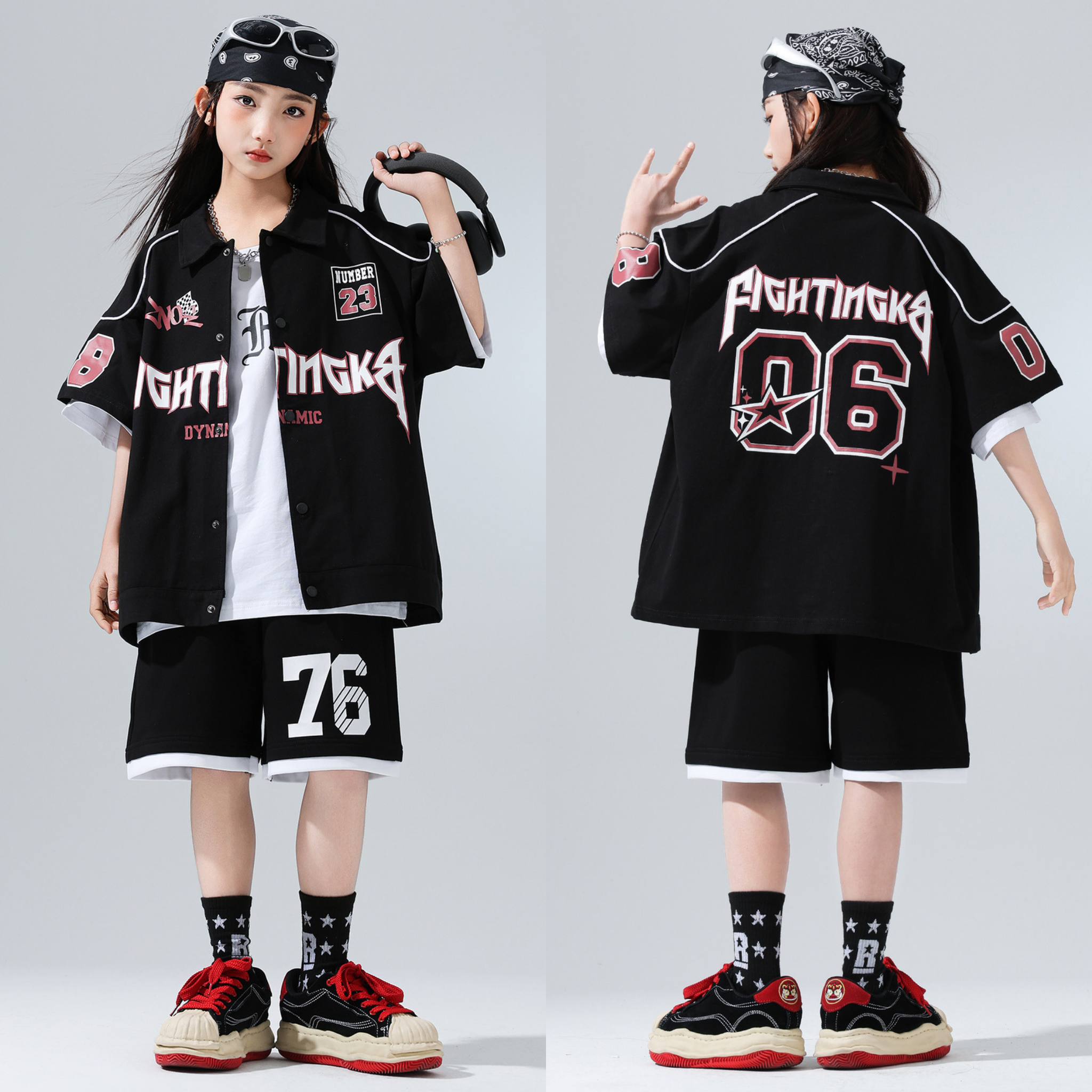HIPHOP ブラックナンバー ハーフパンツセットアップ キッズダンス衣装