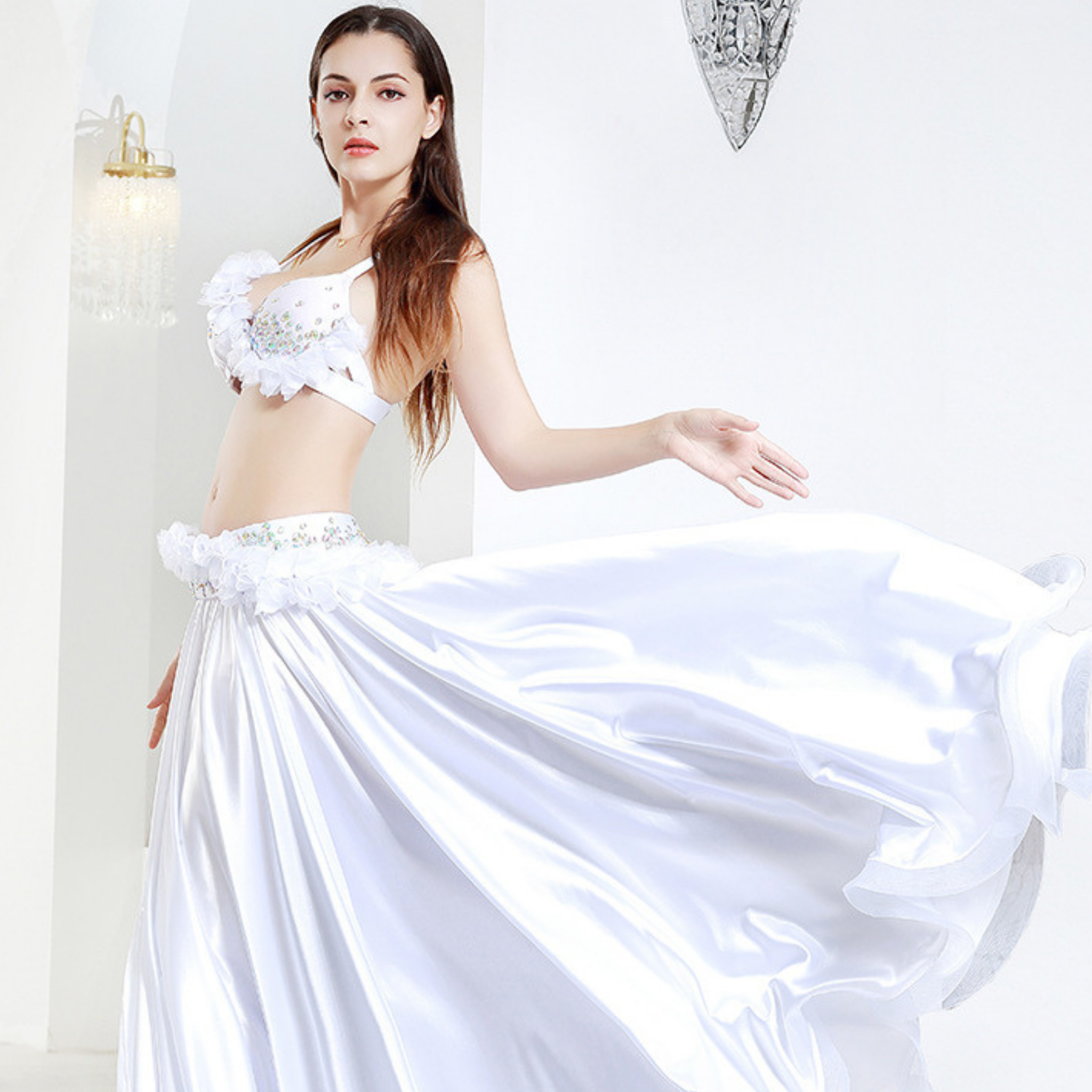 ベリーダンスコスチューム　フローラルホワイトスカート　（S～L)