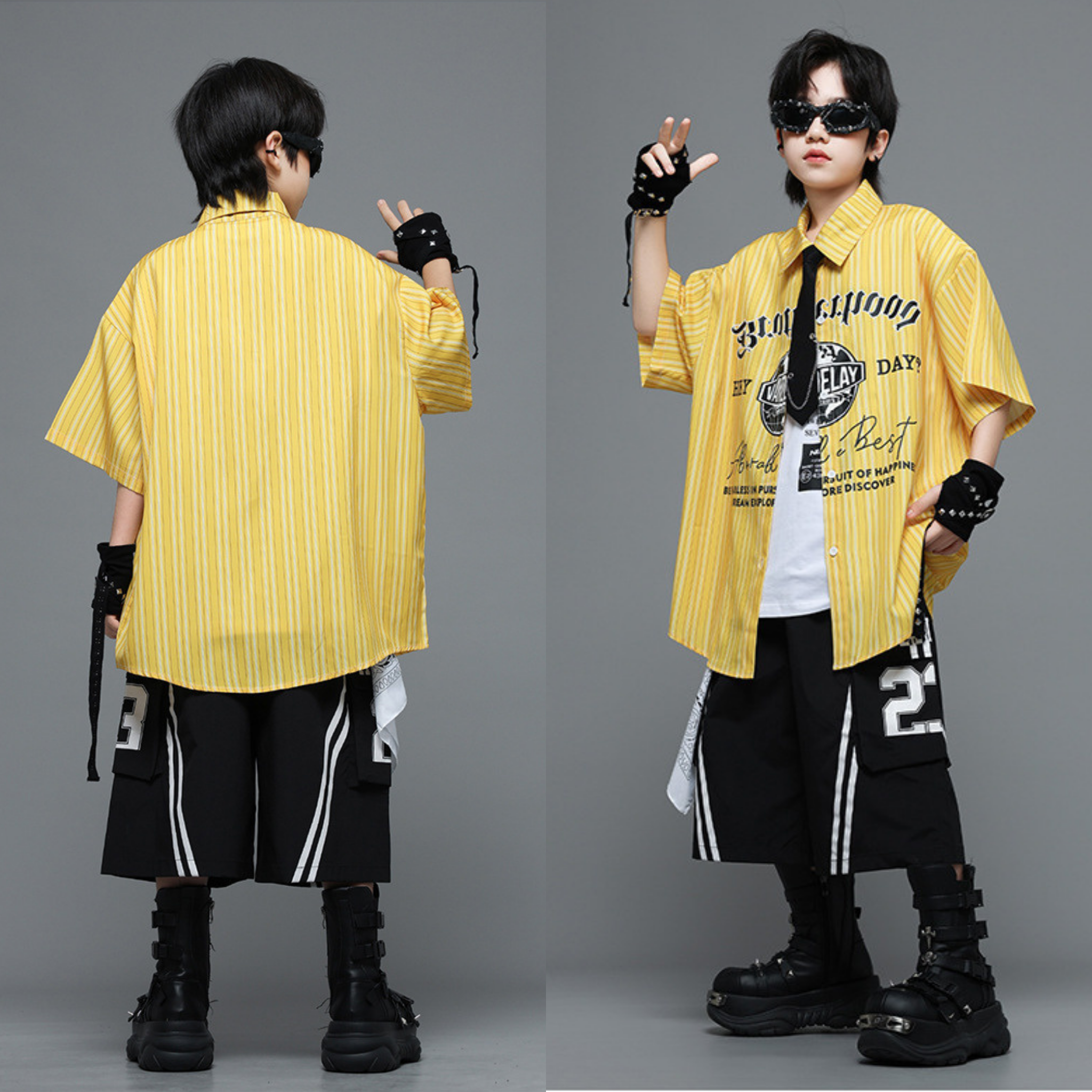 HIPHOP イエローストライプ ハーフパンツセットアップ キッズダンス衣装