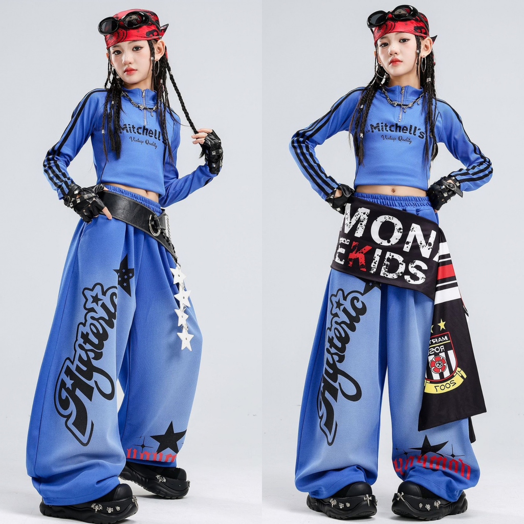 HIPHOP ブルーグラフィック ワイドパンツセットアップ キッズダンス衣装 着用イメージ5
