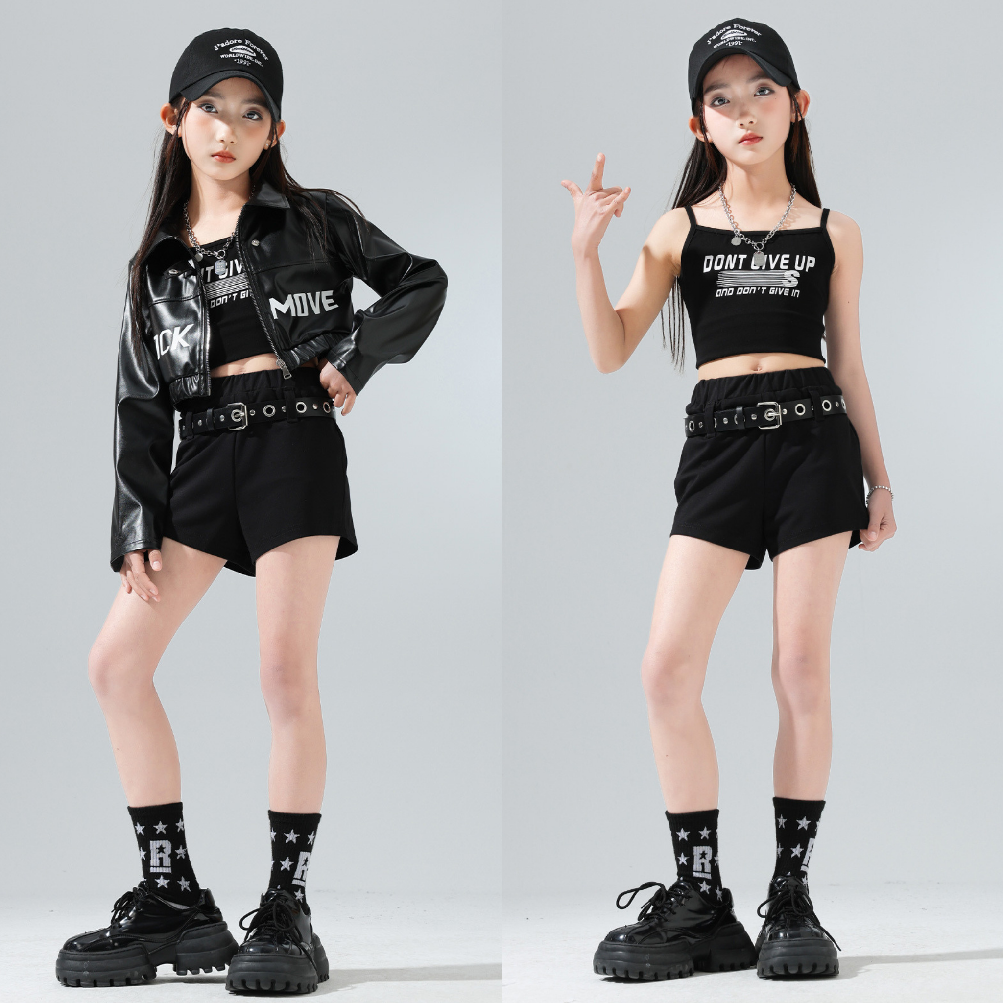 GIRLS ブラックレザーライク ショートパンツセットアップ キッズダンス衣装