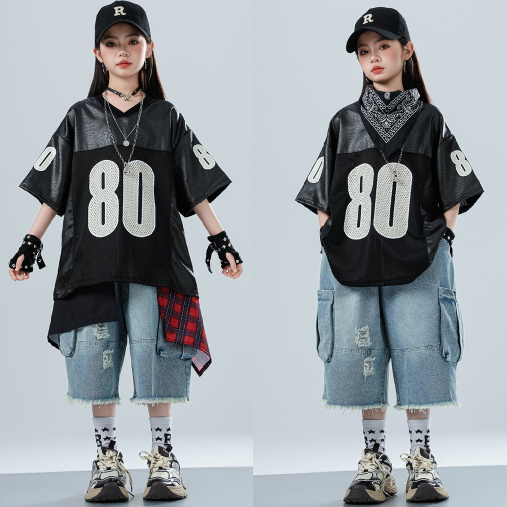 HIPHOP ブラックナンバー デニムハーフパンツセットアップ キッズダンス衣装