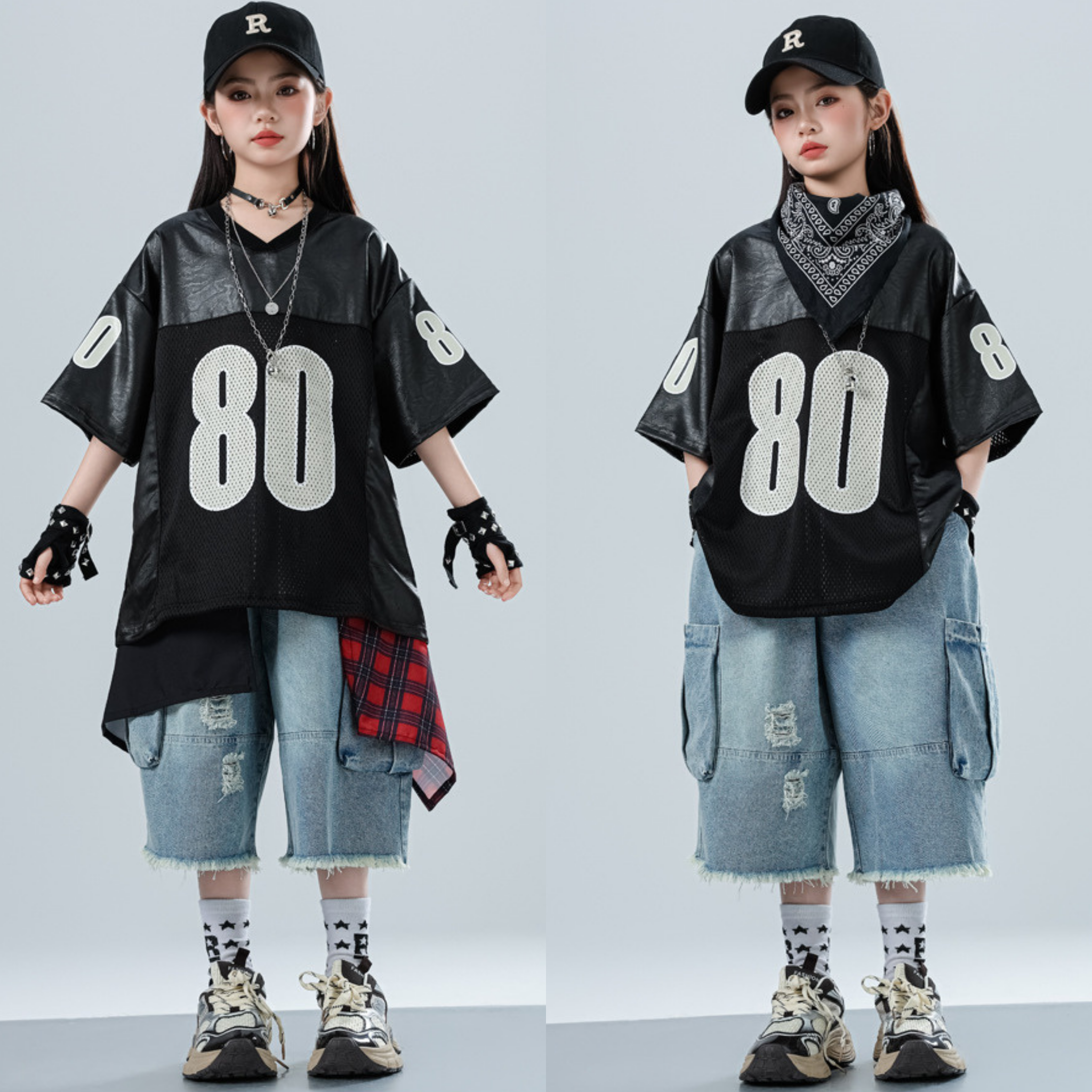 HIPHOP ブラックナンバー デニムハーフパンツセットアップ キッズダンス衣装