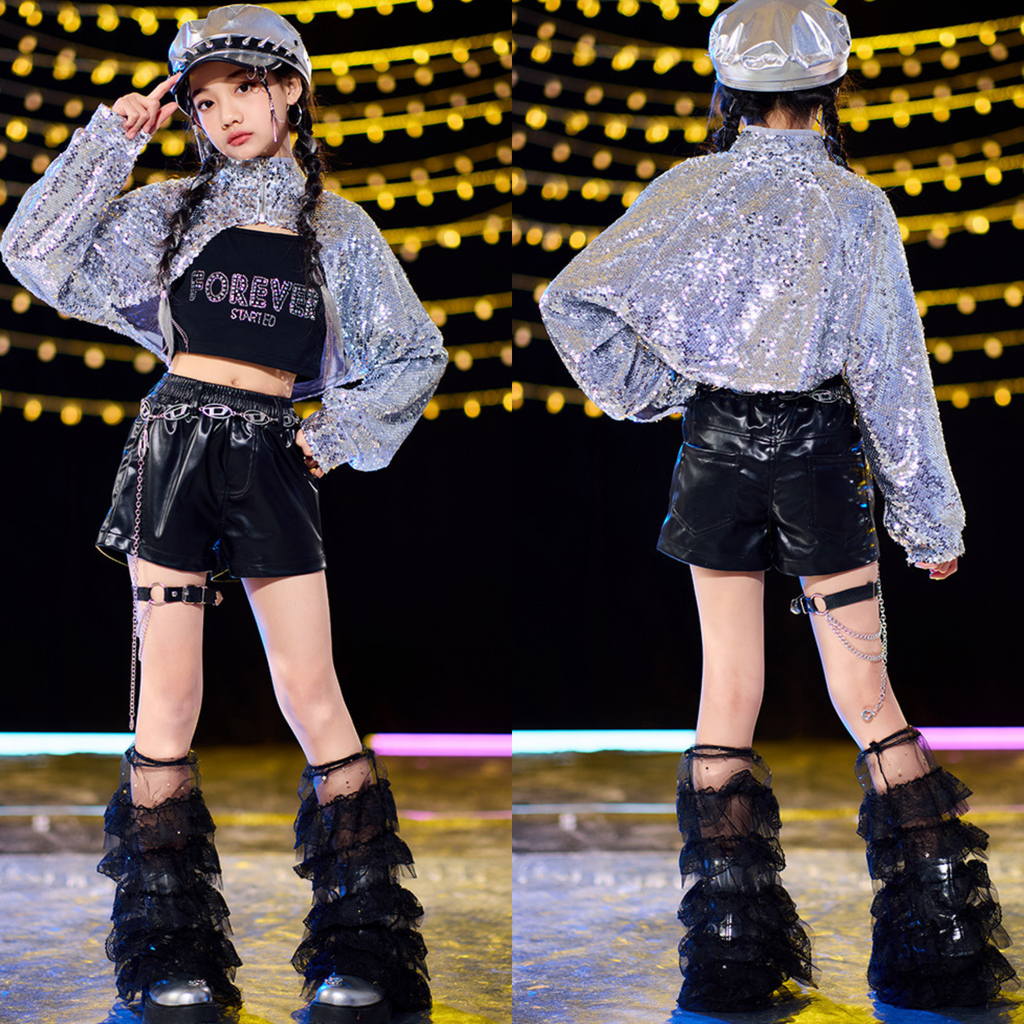 STREET シルバースパンコール ブラックセットアップ キッズダンス衣装