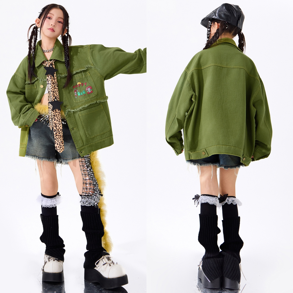 HIPHOP カーキフリンジ デニムショートパンツセットアップ キッズダンス衣装
