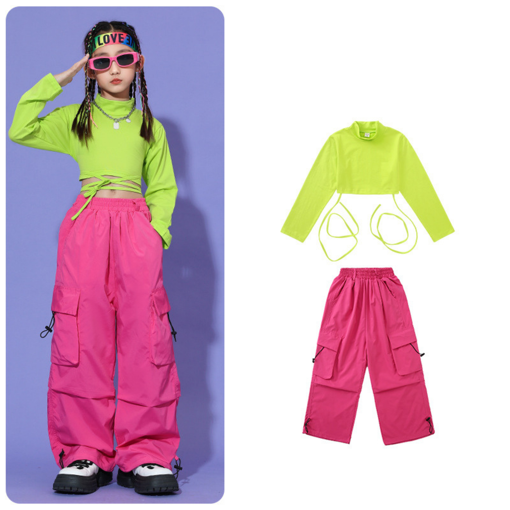 HIPHOP ネオンカラー カーゴパンツセットアップ キッズダンス衣装