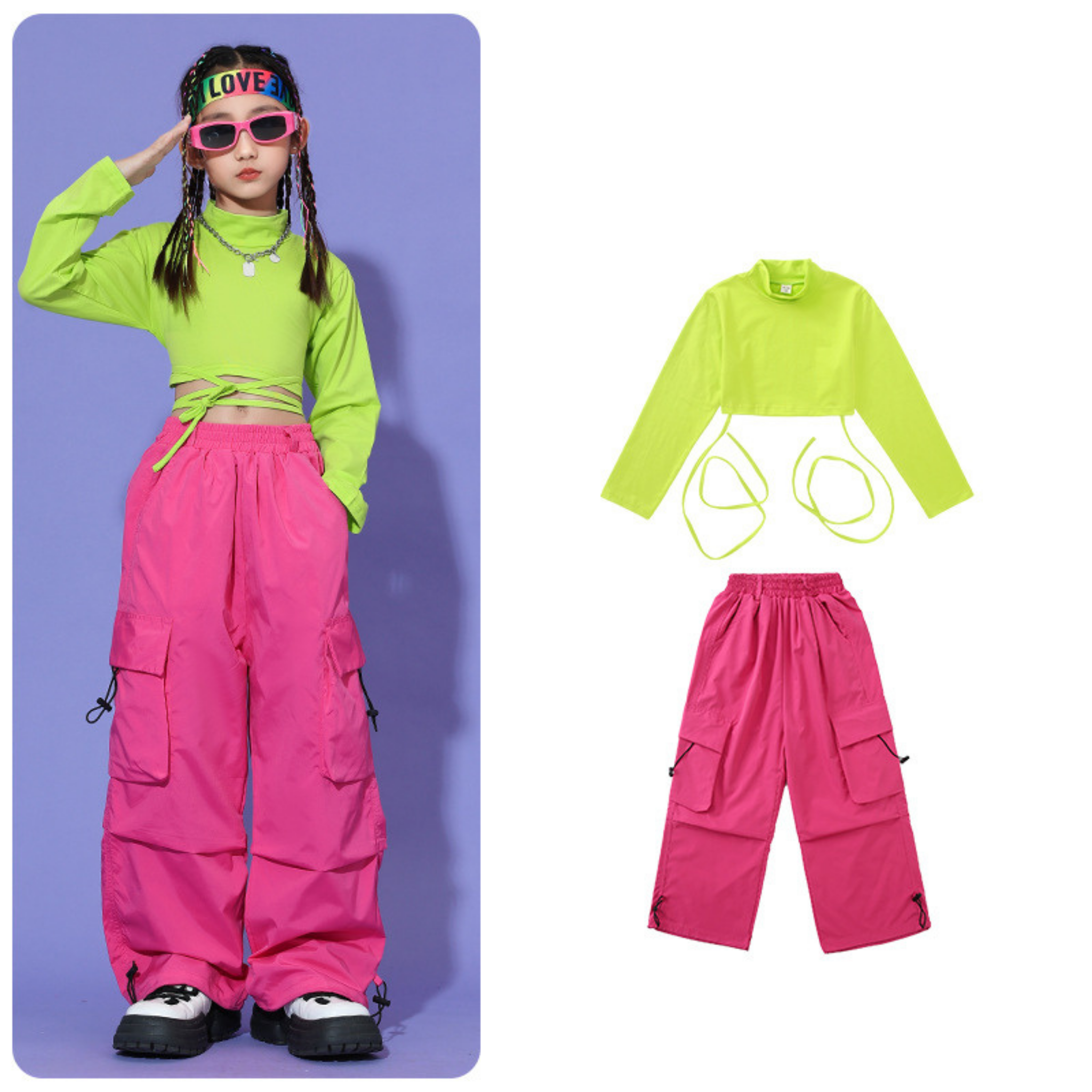 HIPHOP ネオンカラー カーゴパンツセットアップ キッズダンス衣装