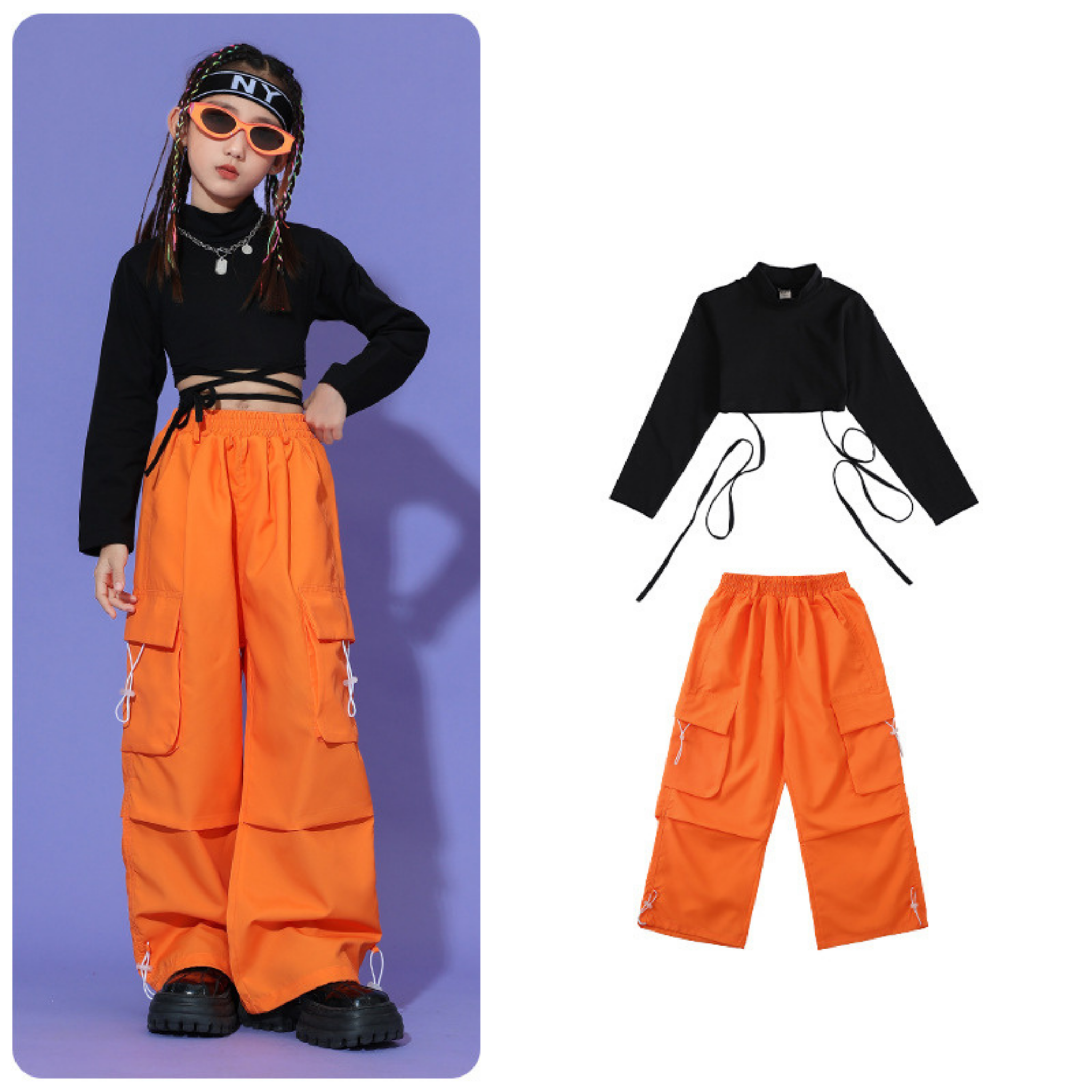HIPHOP ネオンカラー カーゴパンツセットアップ キッズダンス衣装
