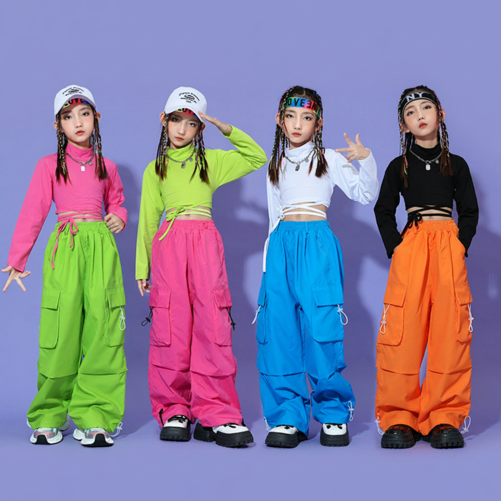 HIPHOP ネオンカラー カーゴパンツセットアップ キッズダンス衣装