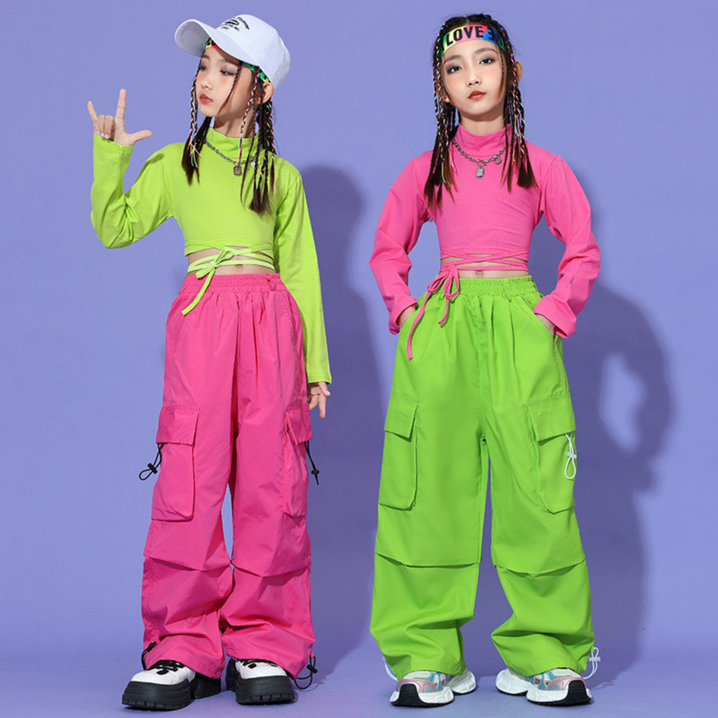 HIPHOP ネオンカラー カーゴパンツセットアップ キッズダンス衣装