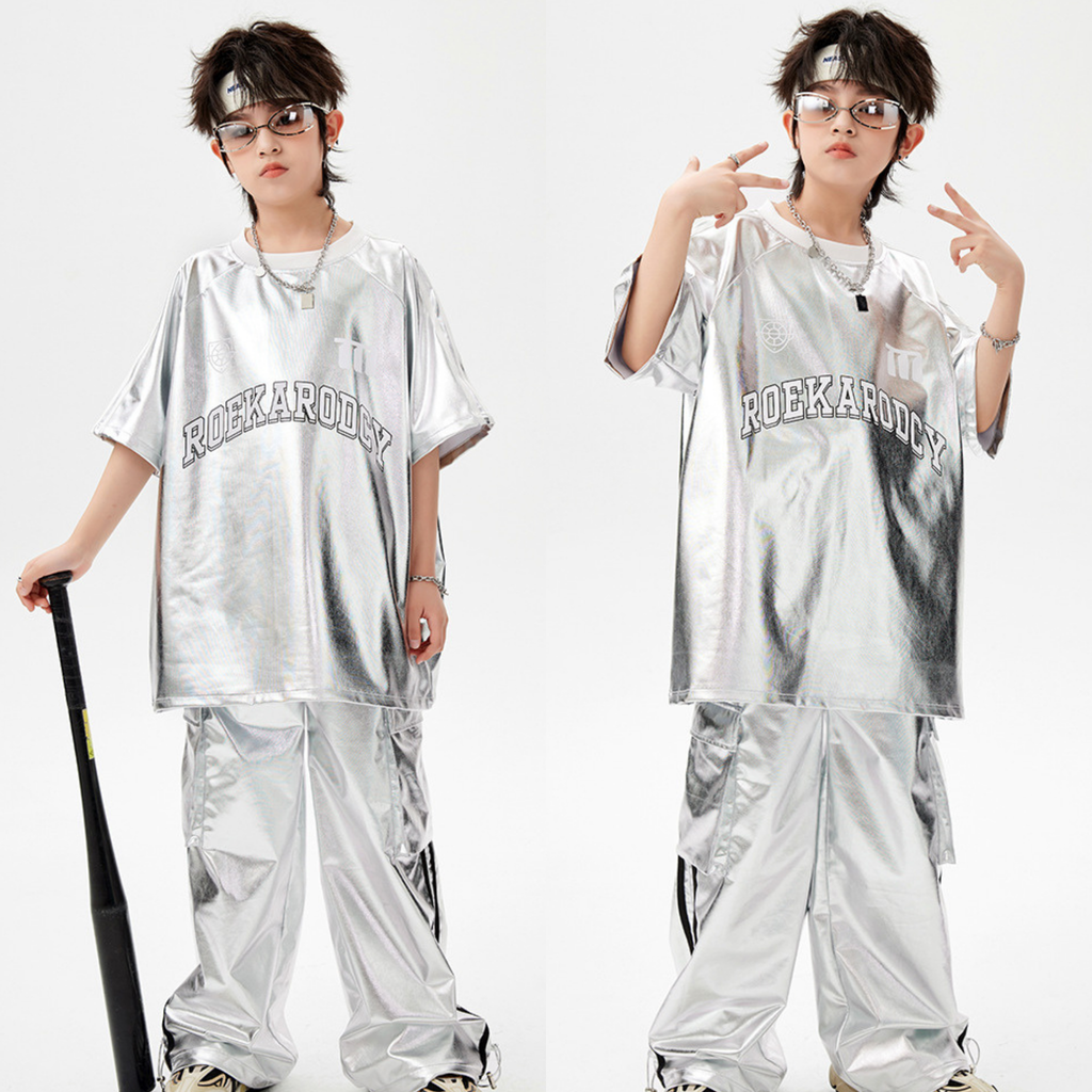 STREET メタリックシルバー カーゴセットアップ キッズダンス衣装